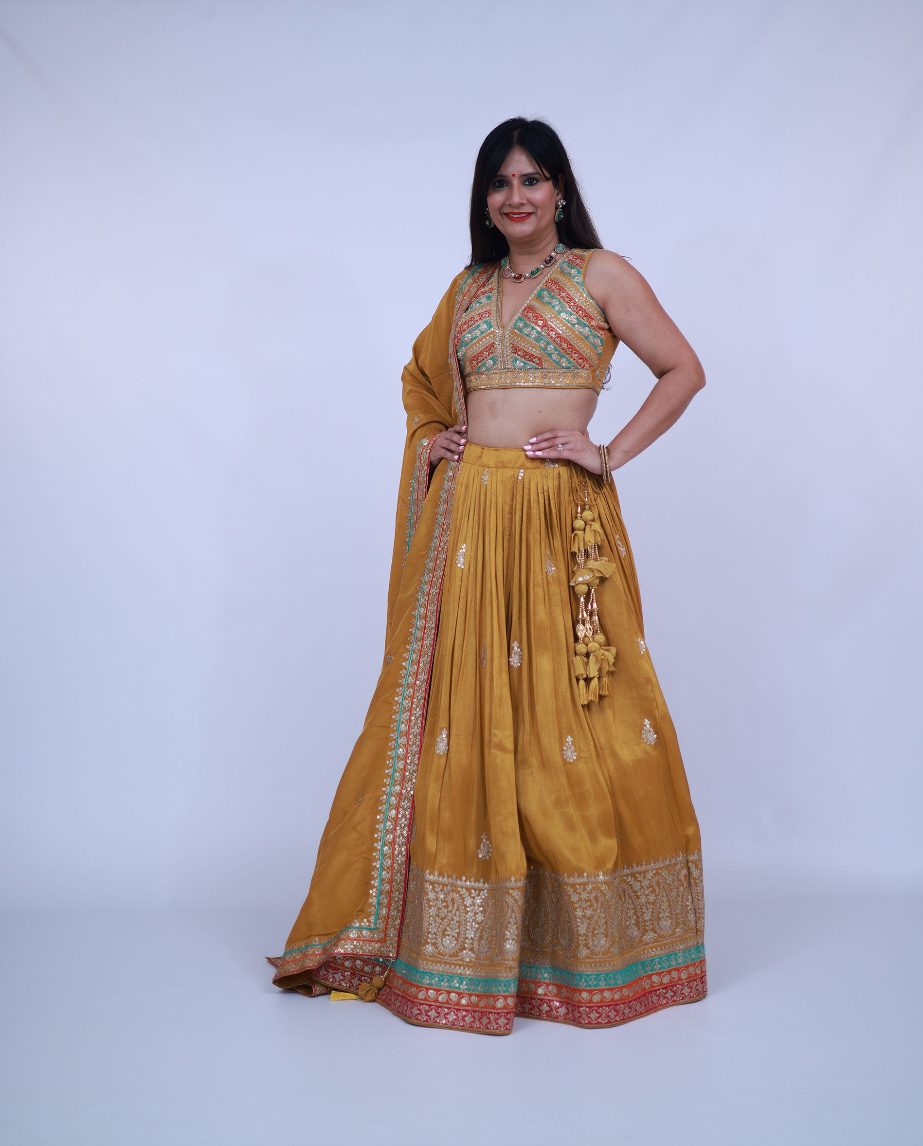 Silk Lehenga with V-Neck Blouse in Mustard Yellow