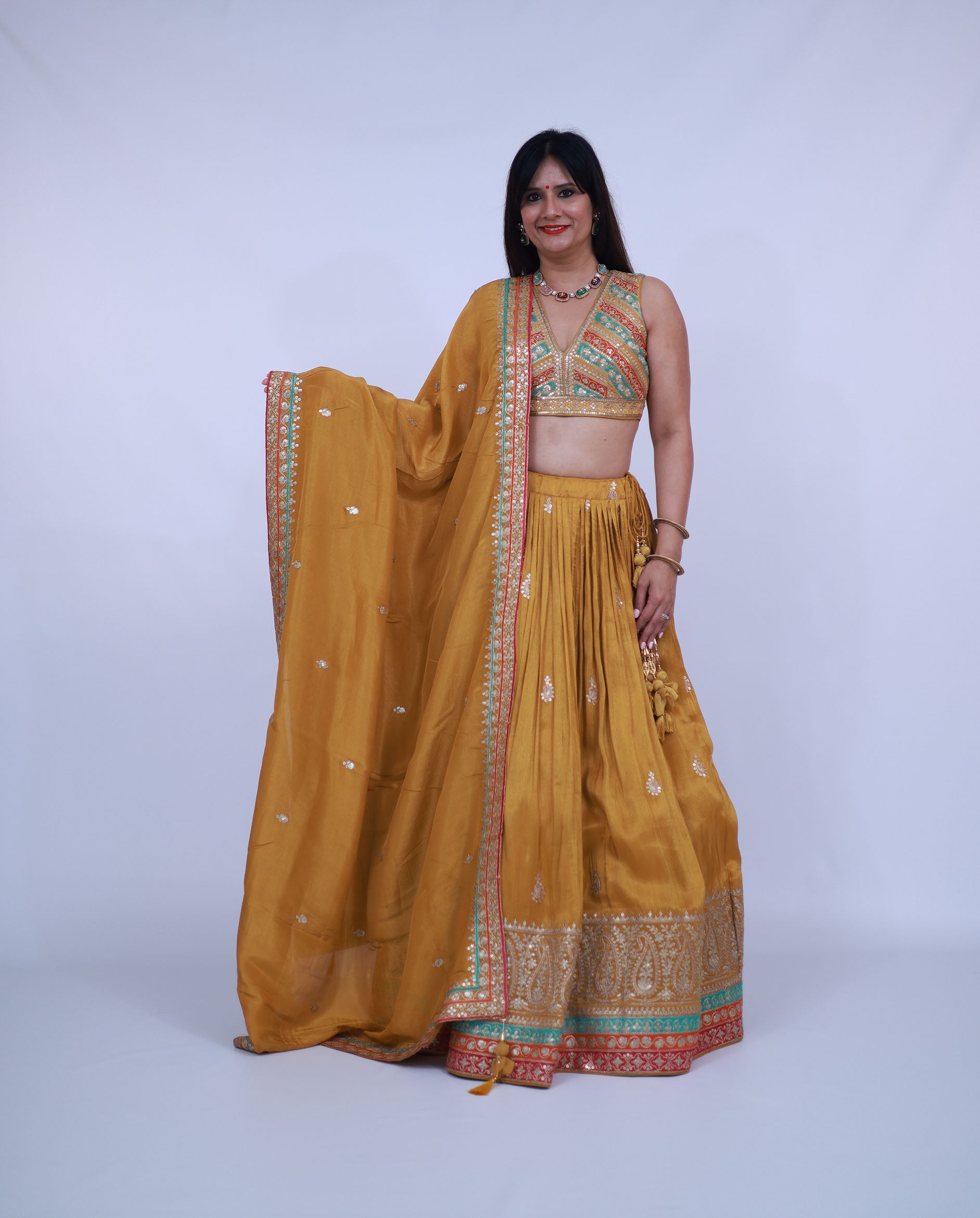 Silk Lehenga with V-Neck Blouse in Mustard Yellow