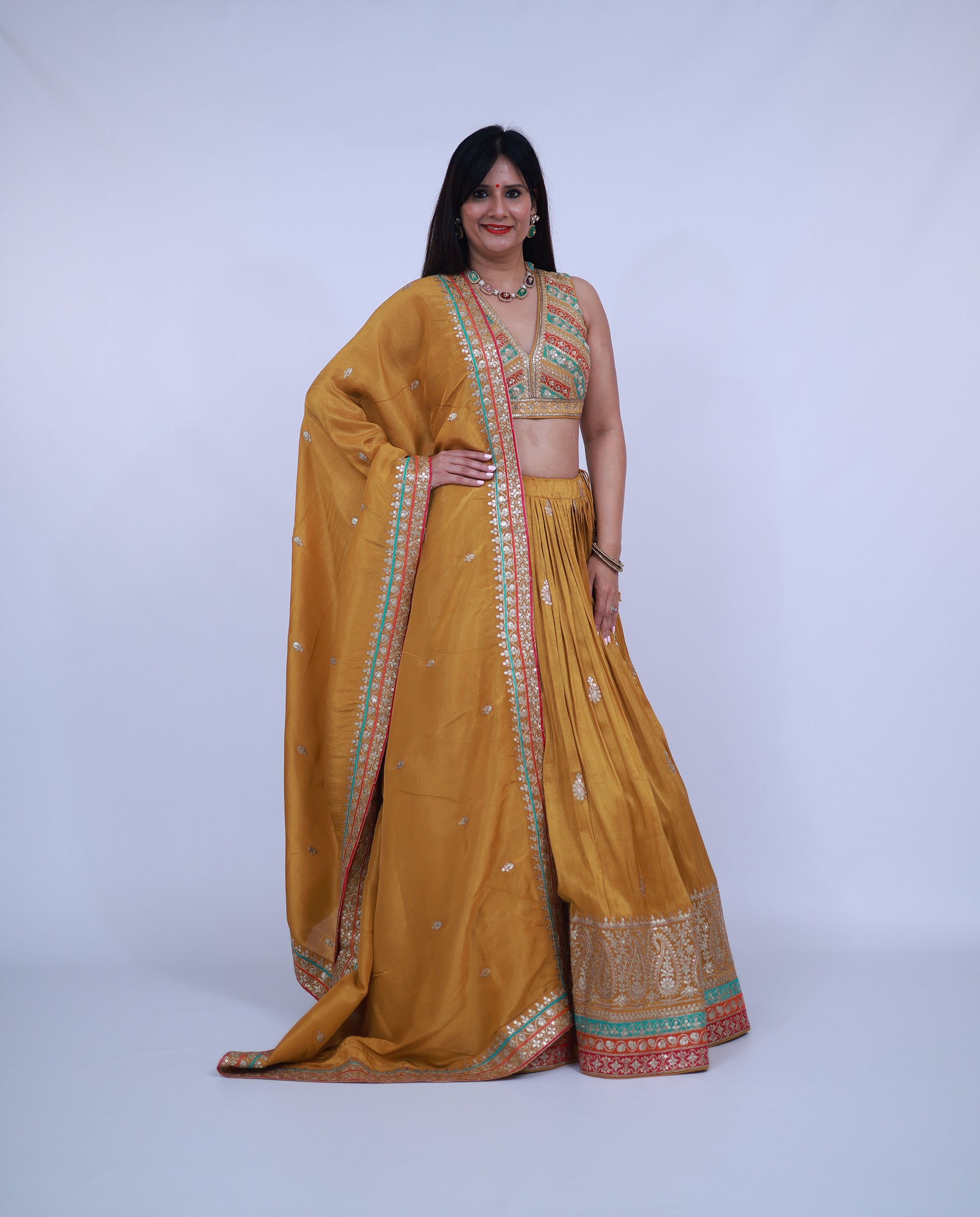Silk Lehenga with V-Neck Blouse in Mustard Yellow