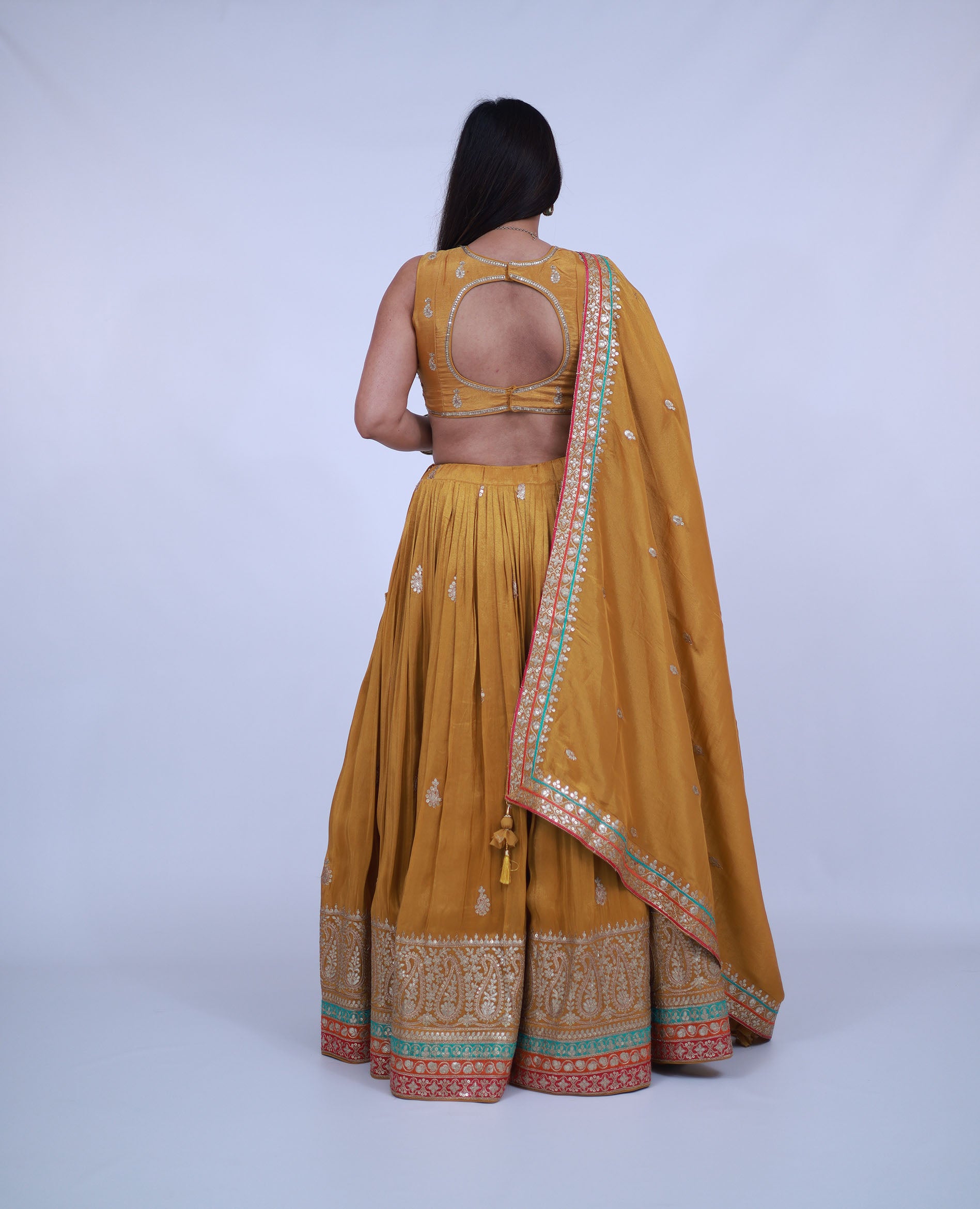 Silk Lehenga with V-Neck Blouse in Mustard Yellow