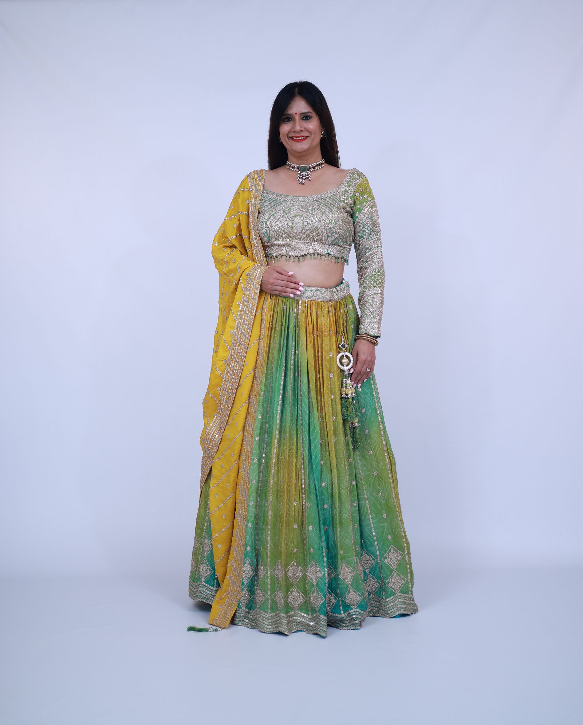 Green and Yellow Silk Lehenga with full sleeves