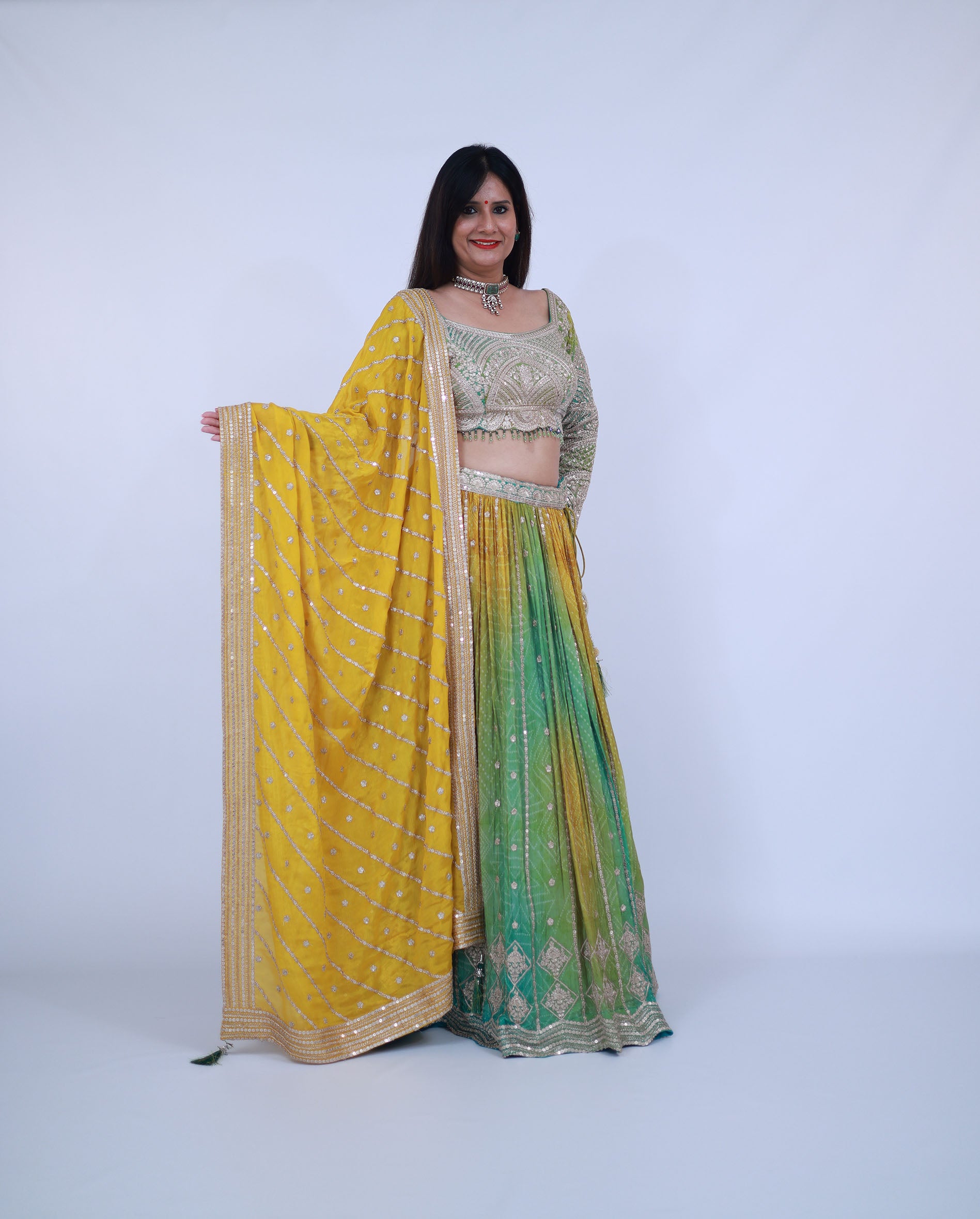 Green and Yellow Silk Lehenga with full sleeves
