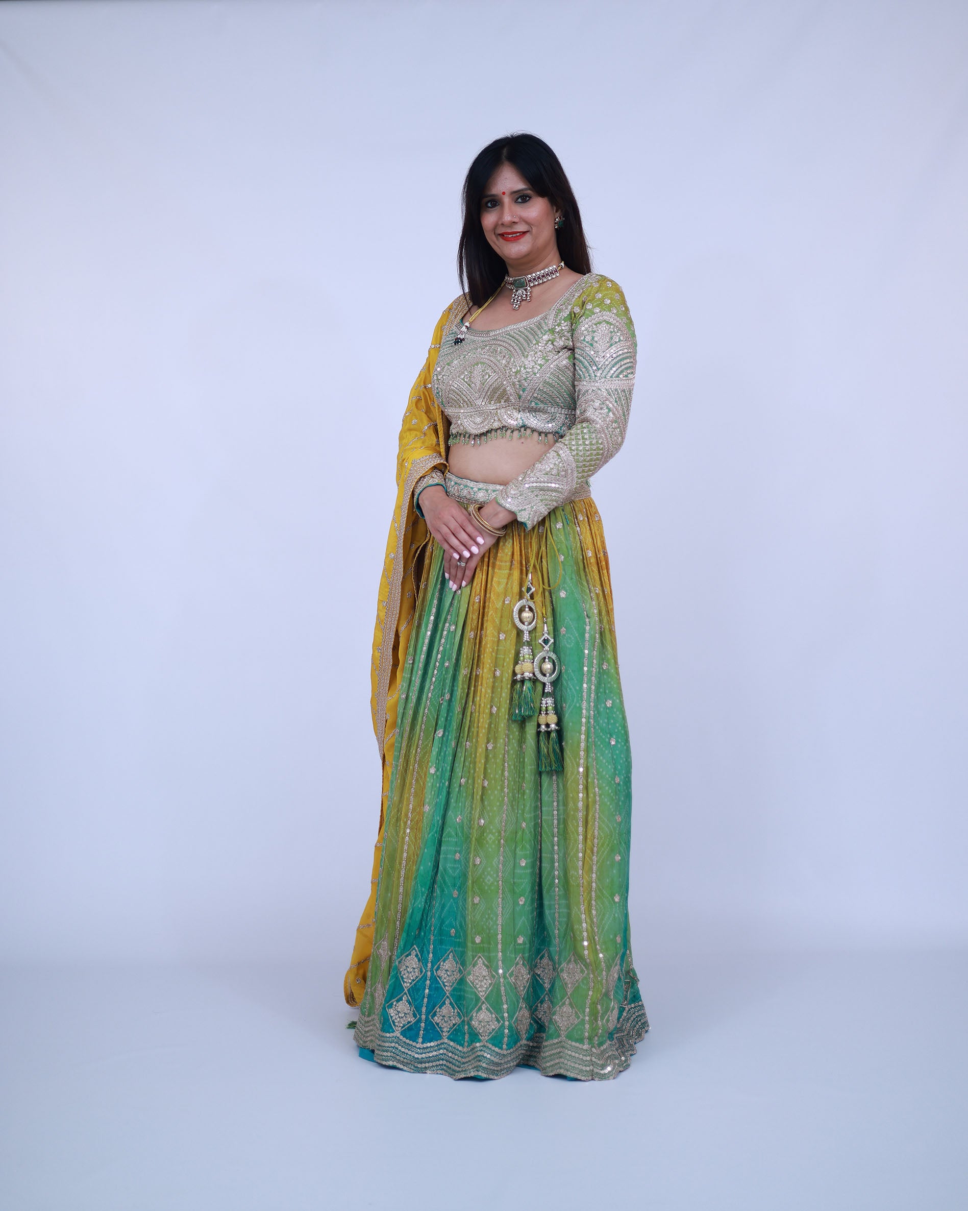 Green and Yellow Silk Lehenga with full sleeves