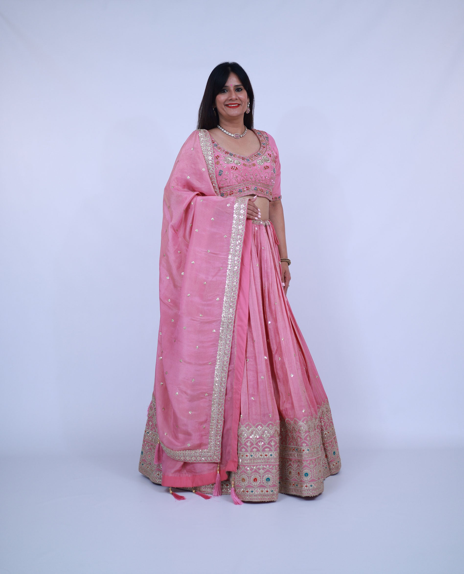 Pink Tissue Silk Lehenga with matching dupatta