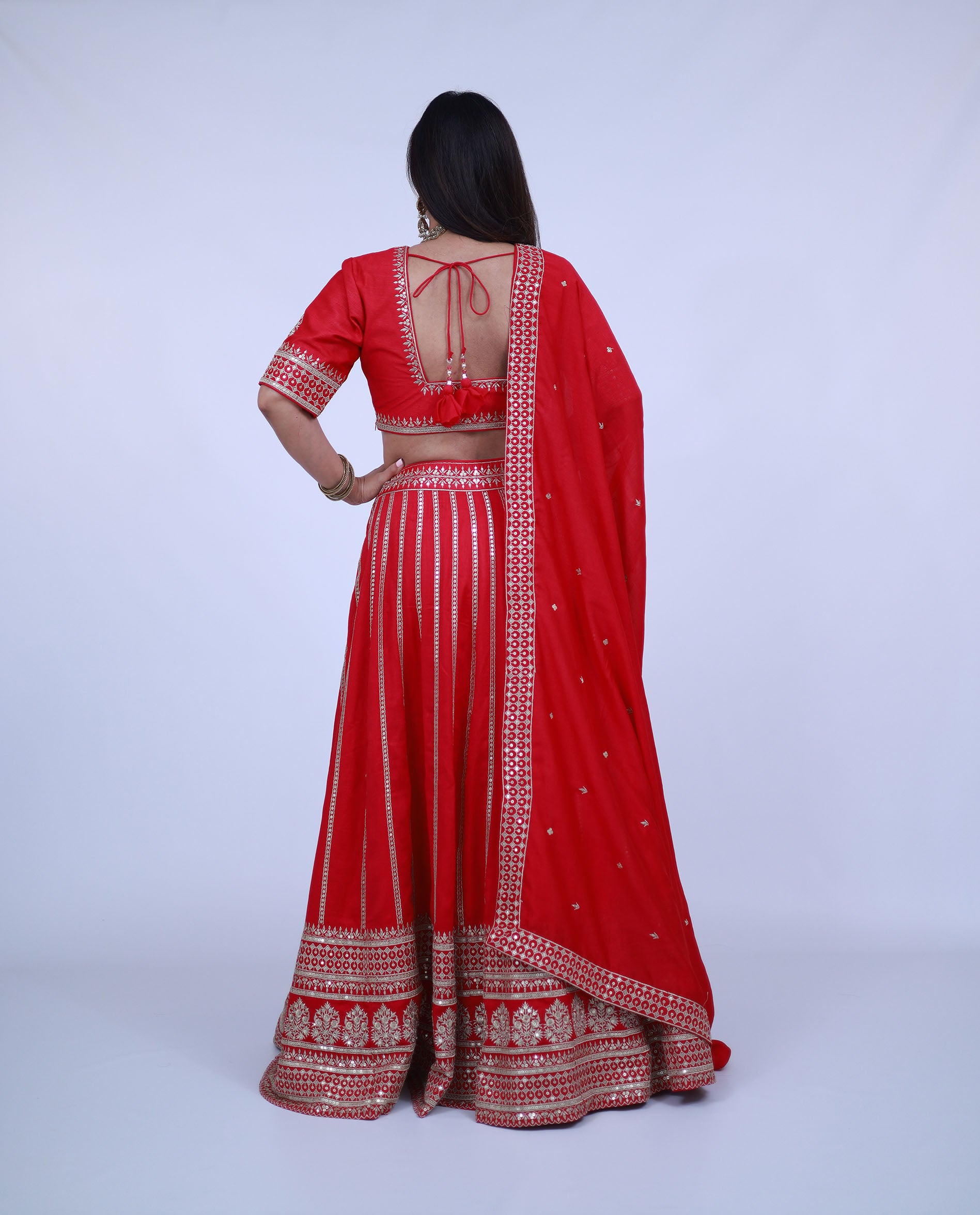 Red Lehenga with deep V neck blouse