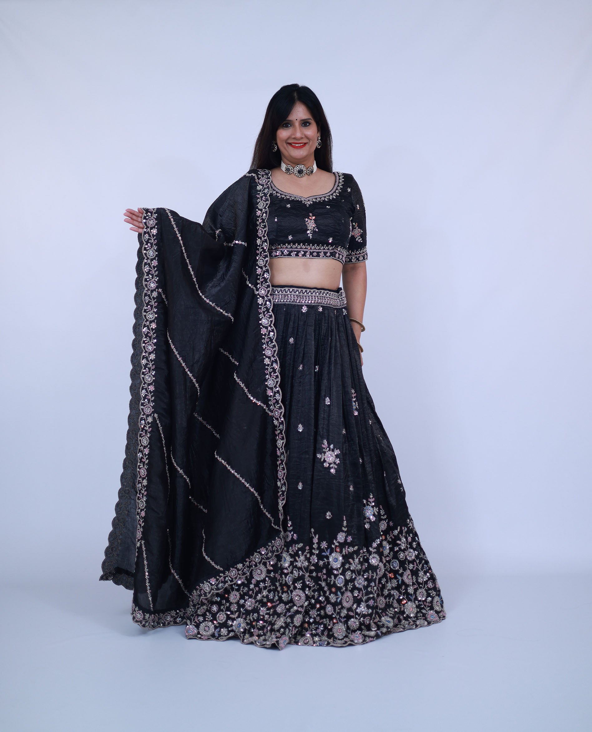 Crushed Tissue Lehenga in Black
