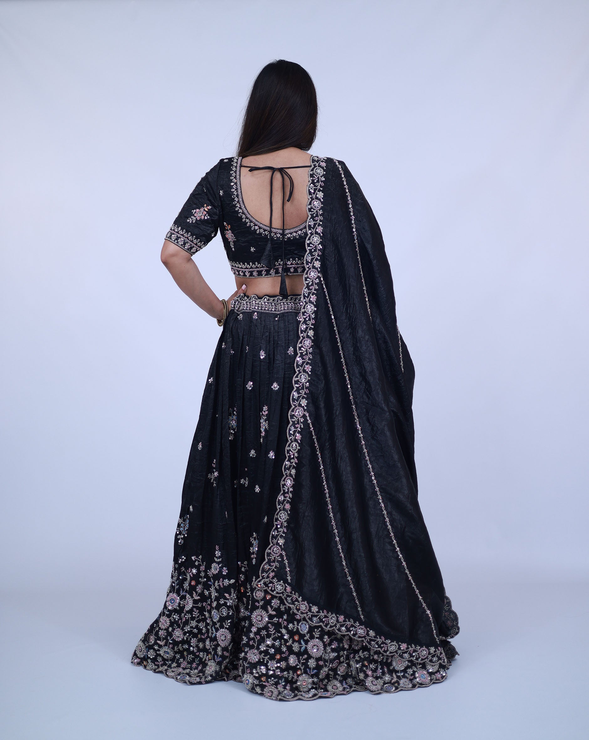 Crushed Tissue Lehenga in Black