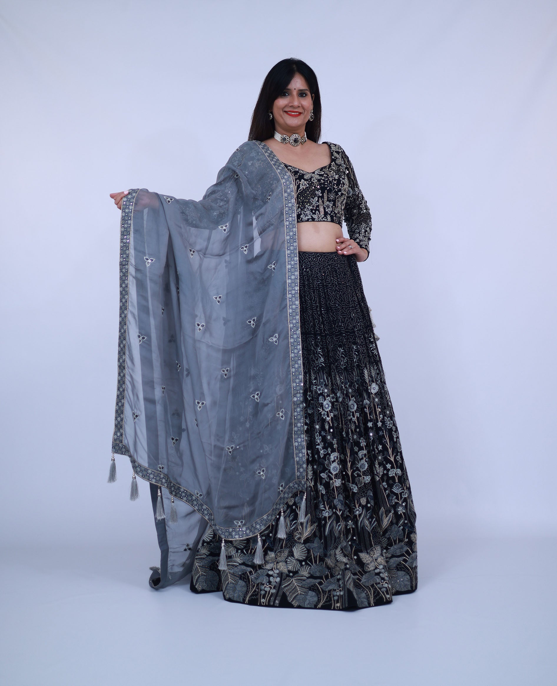 Heavy Embroidered Georgette Lehenga with Contrast Dupatta in Black