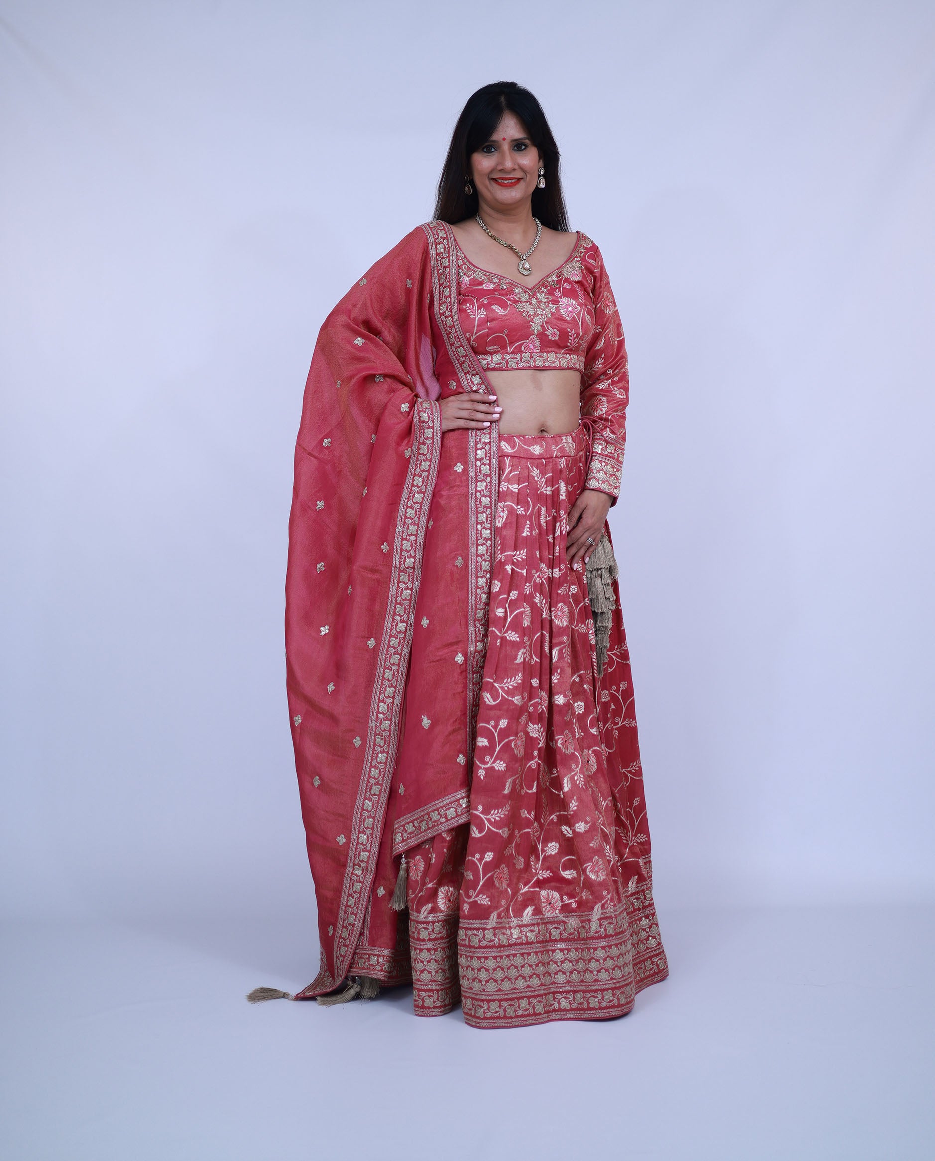 Banarasi Weaving Tissue Silk Lehenga in Peach