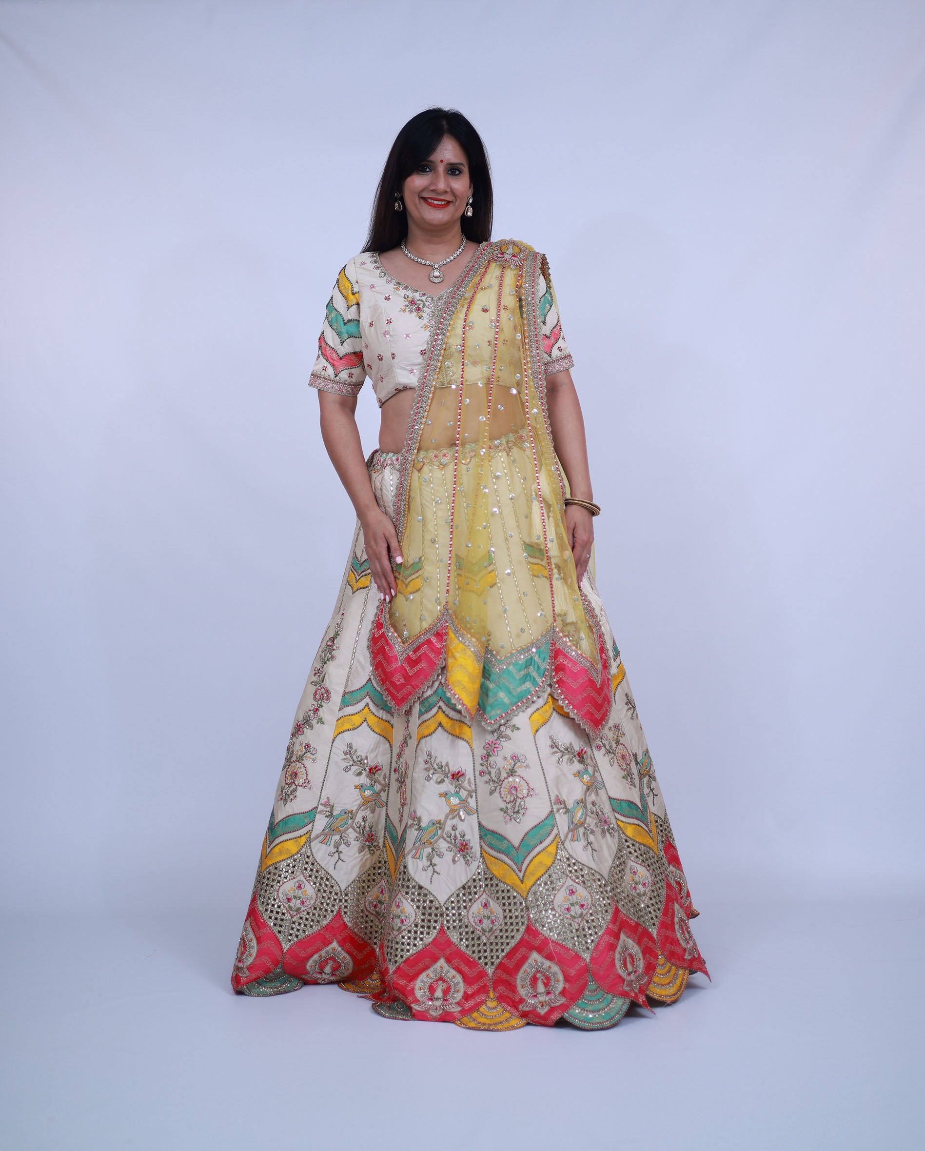 Multicolor Silk Lehenga in Ivory Base