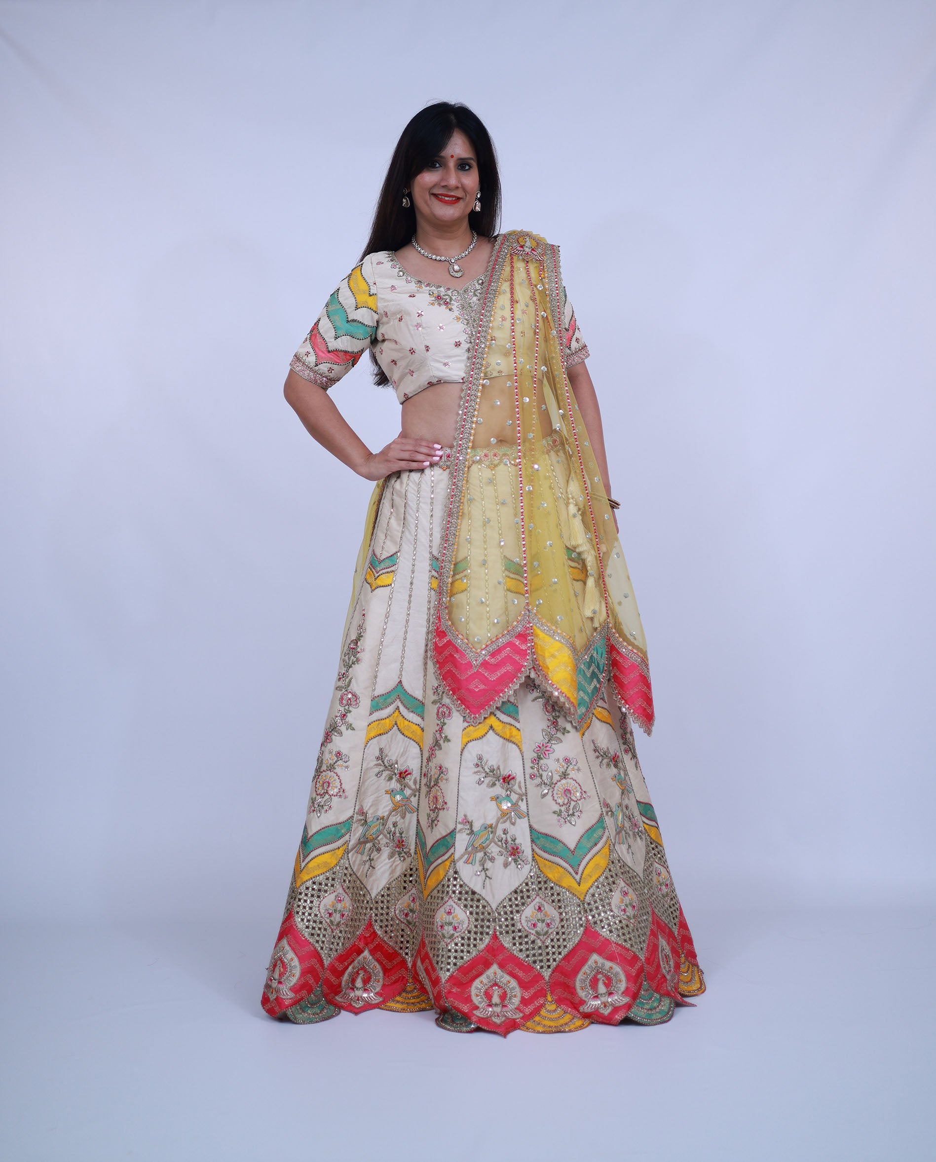 Multicolor Silk Lehenga in Ivory Base