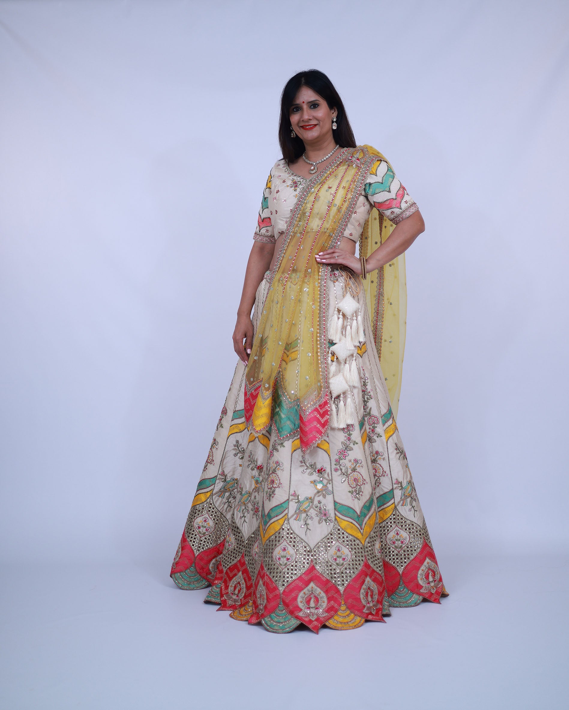 Multicolor Silk Lehenga in Ivory Base