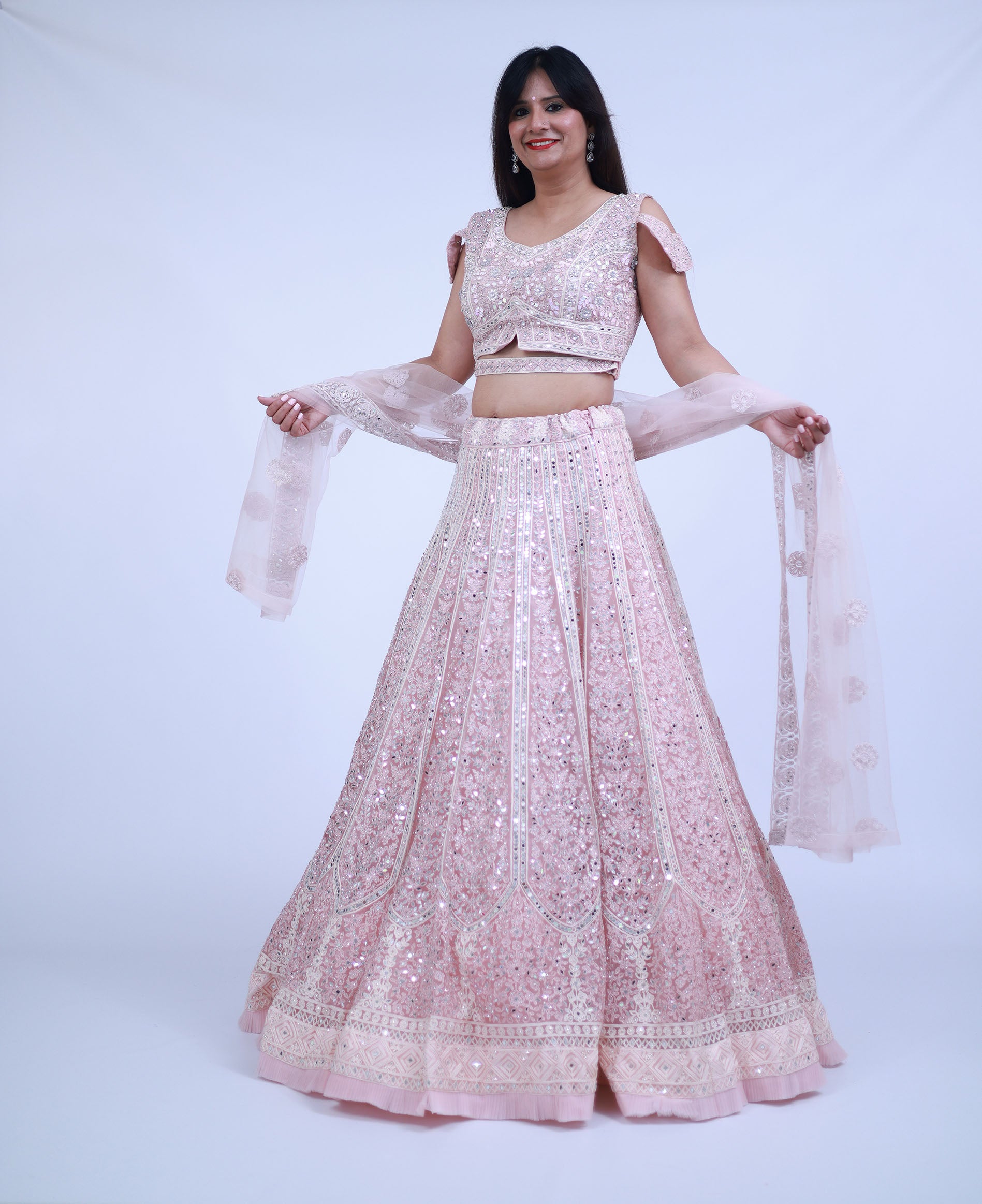 Pastel Powder Pink Lehenga with Real Mirror work