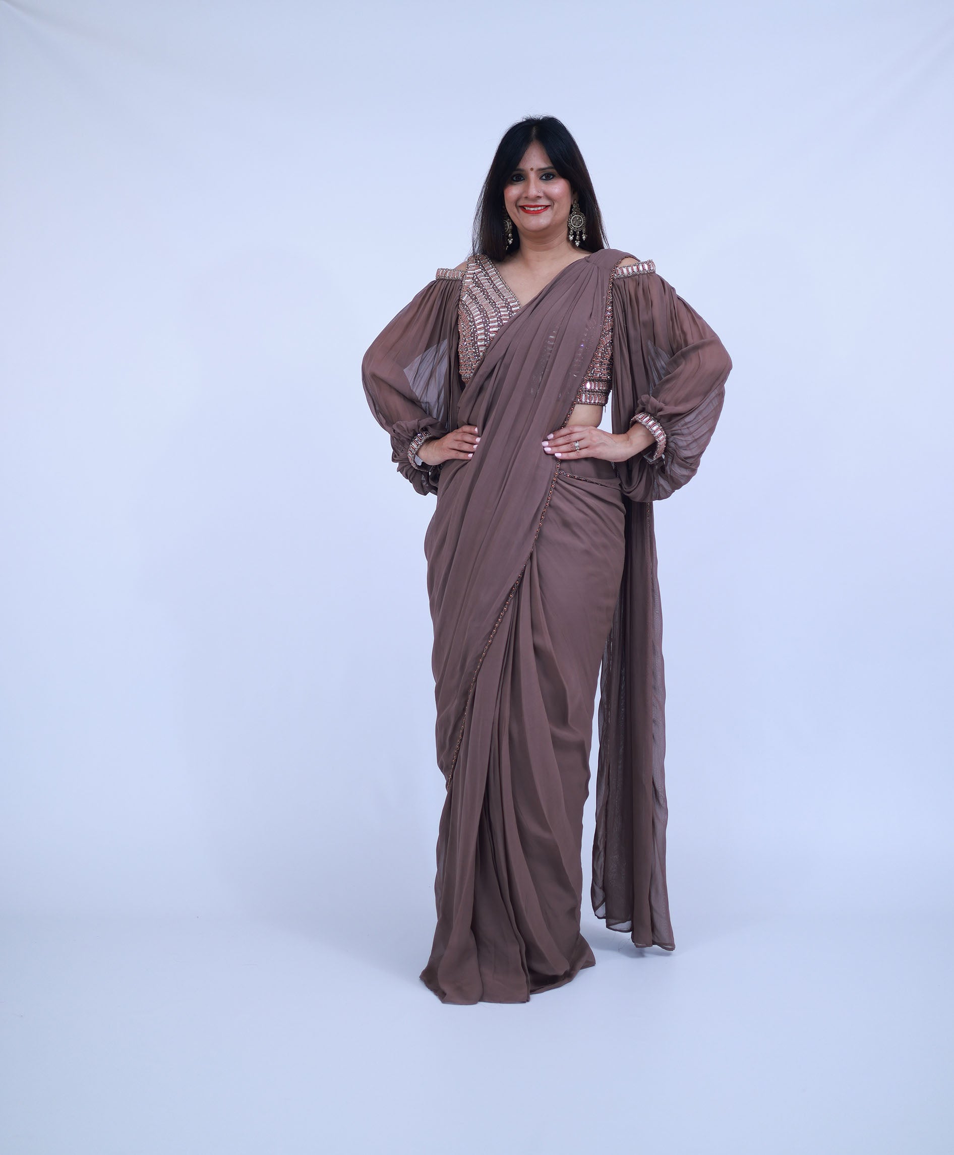 Brown Georgette Pre Stitched Saree