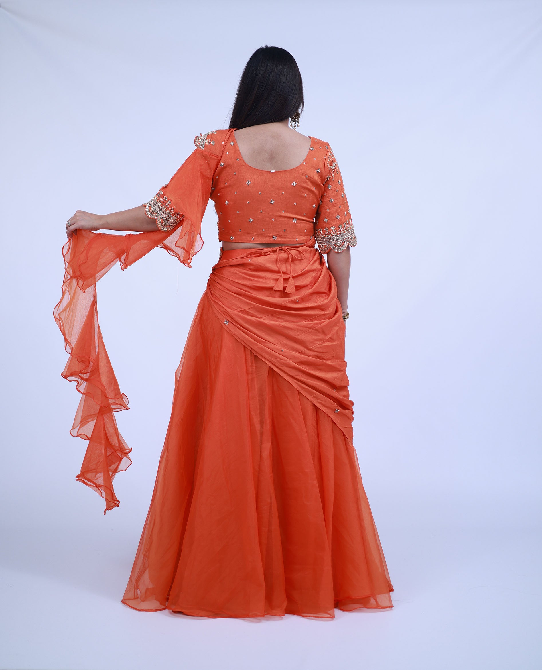 Orange Indo-Western Lehenga Saree with Belt