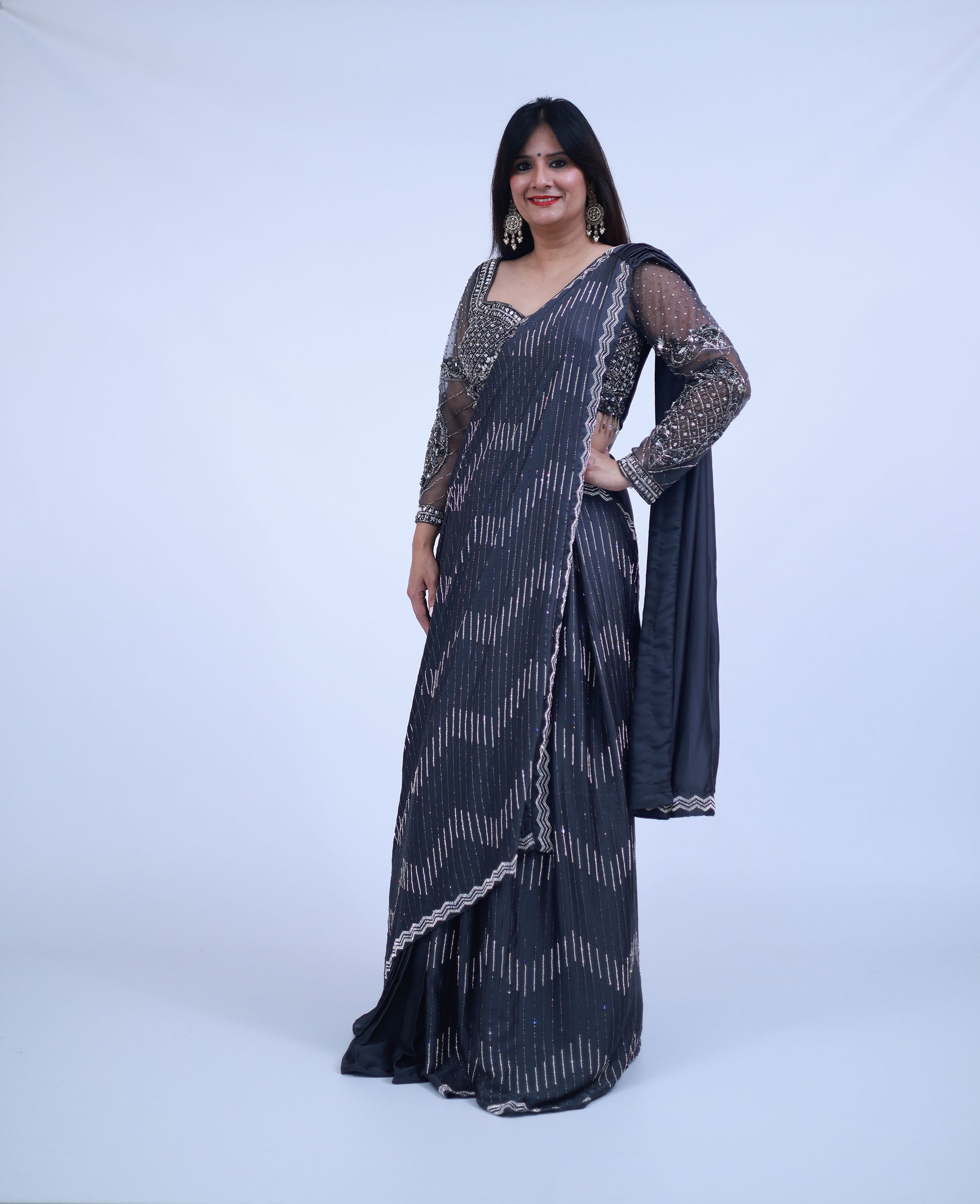 Indo-Western Lehenga Saree in Grey
