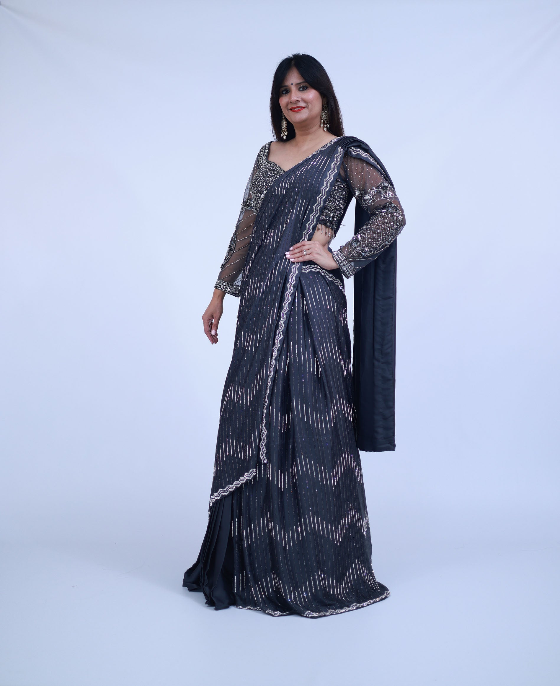 Indo-Western Lehenga Saree in Grey