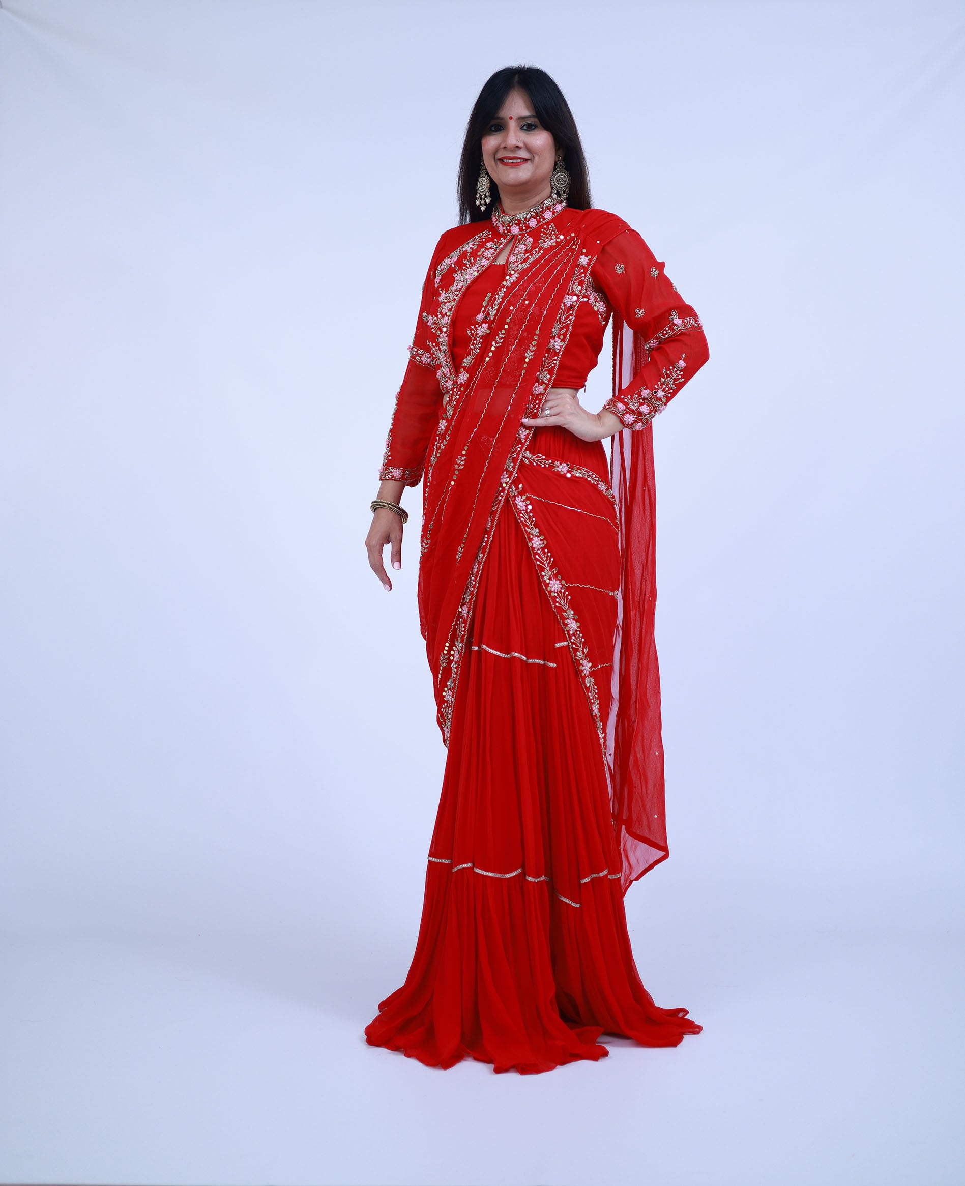 Red Pre-Stitched Indo-Western Lehenga Saree
