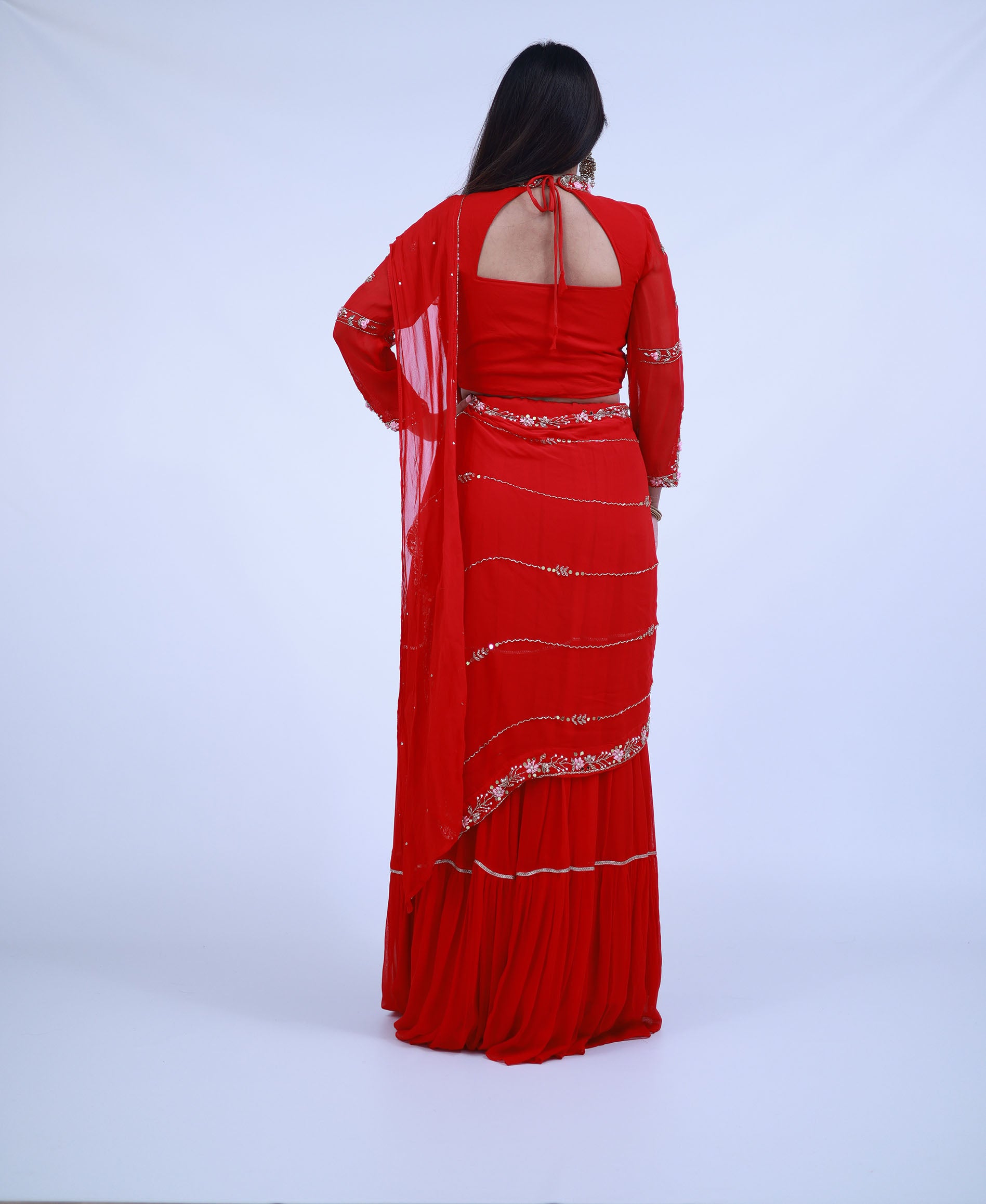 Red Pre-Stitched Indo-Western Lehenga Saree