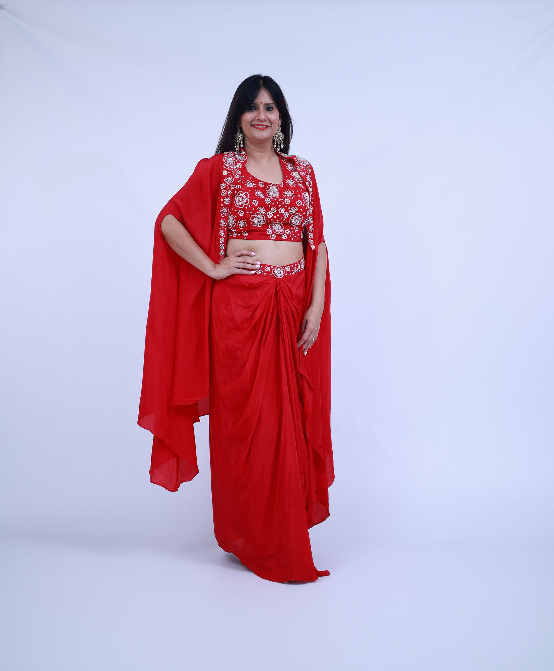 3 piece Indo-Western with Cape in Red Color