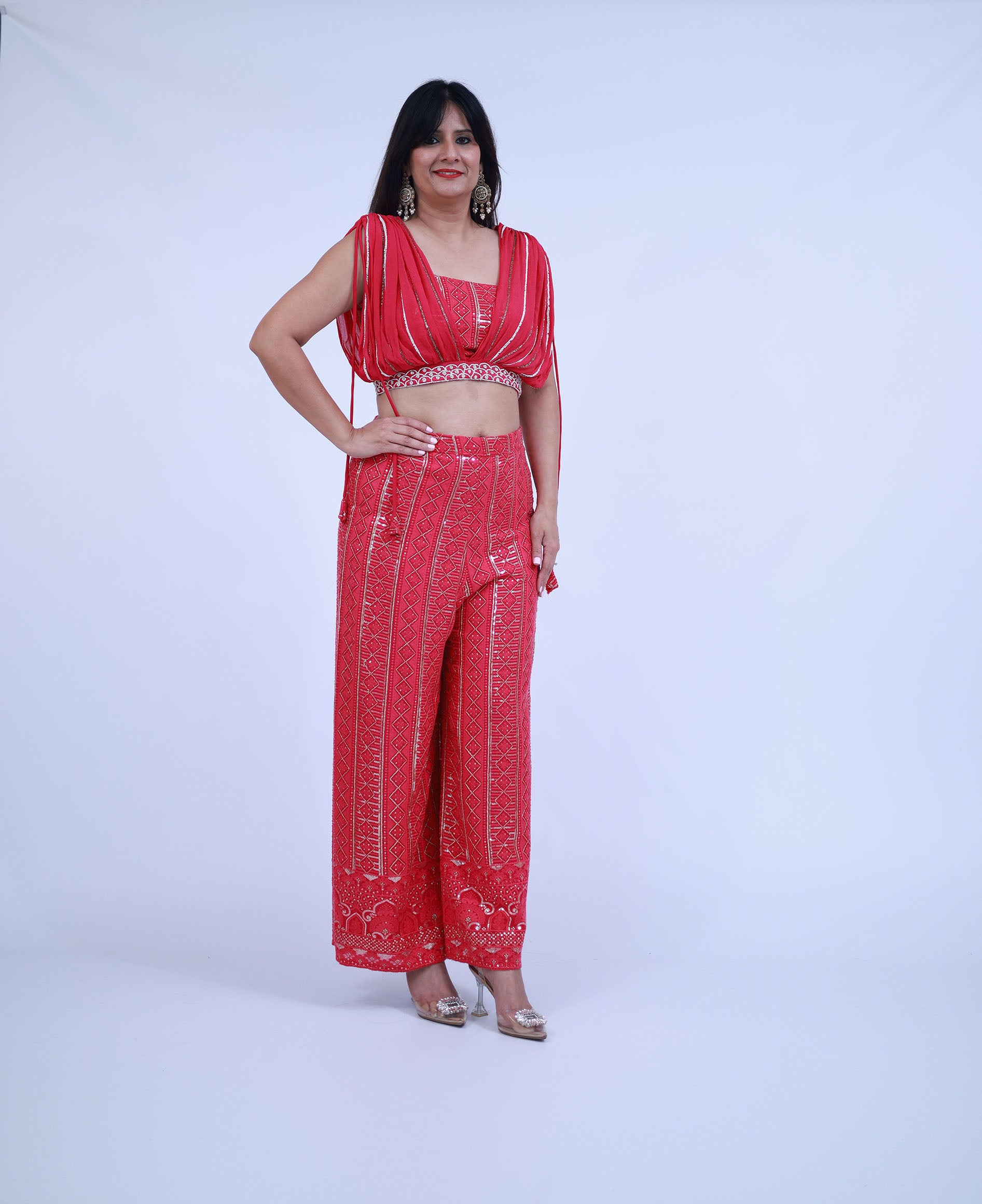 Red Indo-Western Sequin Pants with Blouse
