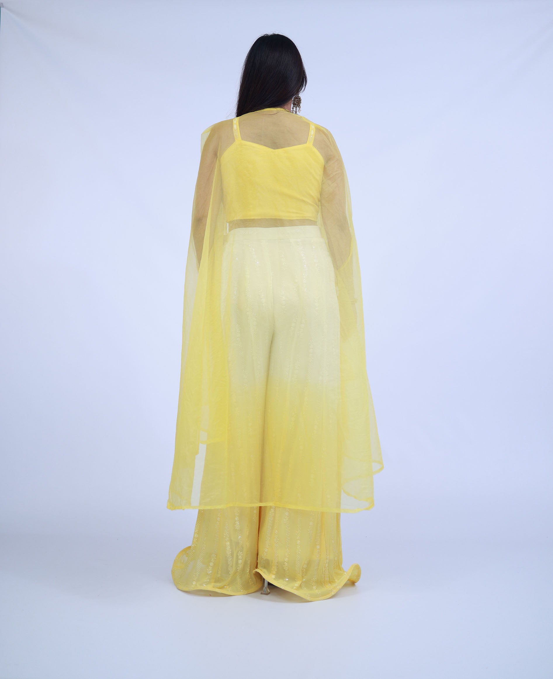 Yellow and White 3 Piece Indo-Western with Organza Cape
