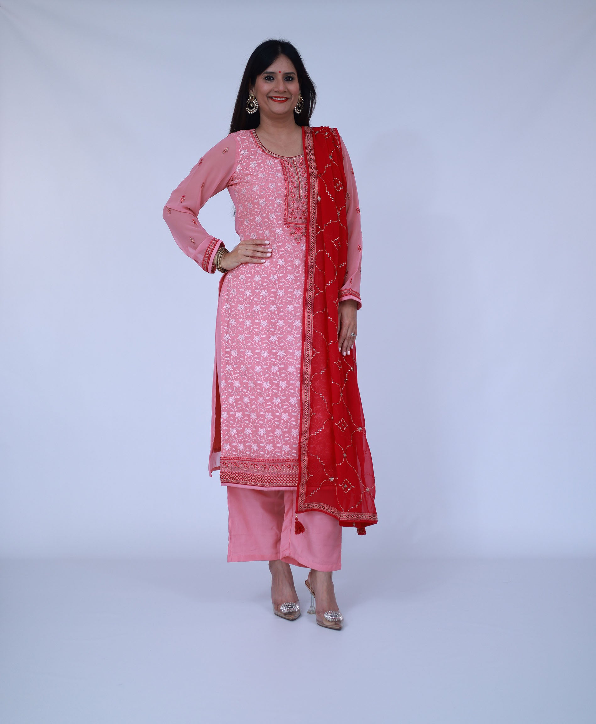 Peach Embroided georgette suit set with dupatta