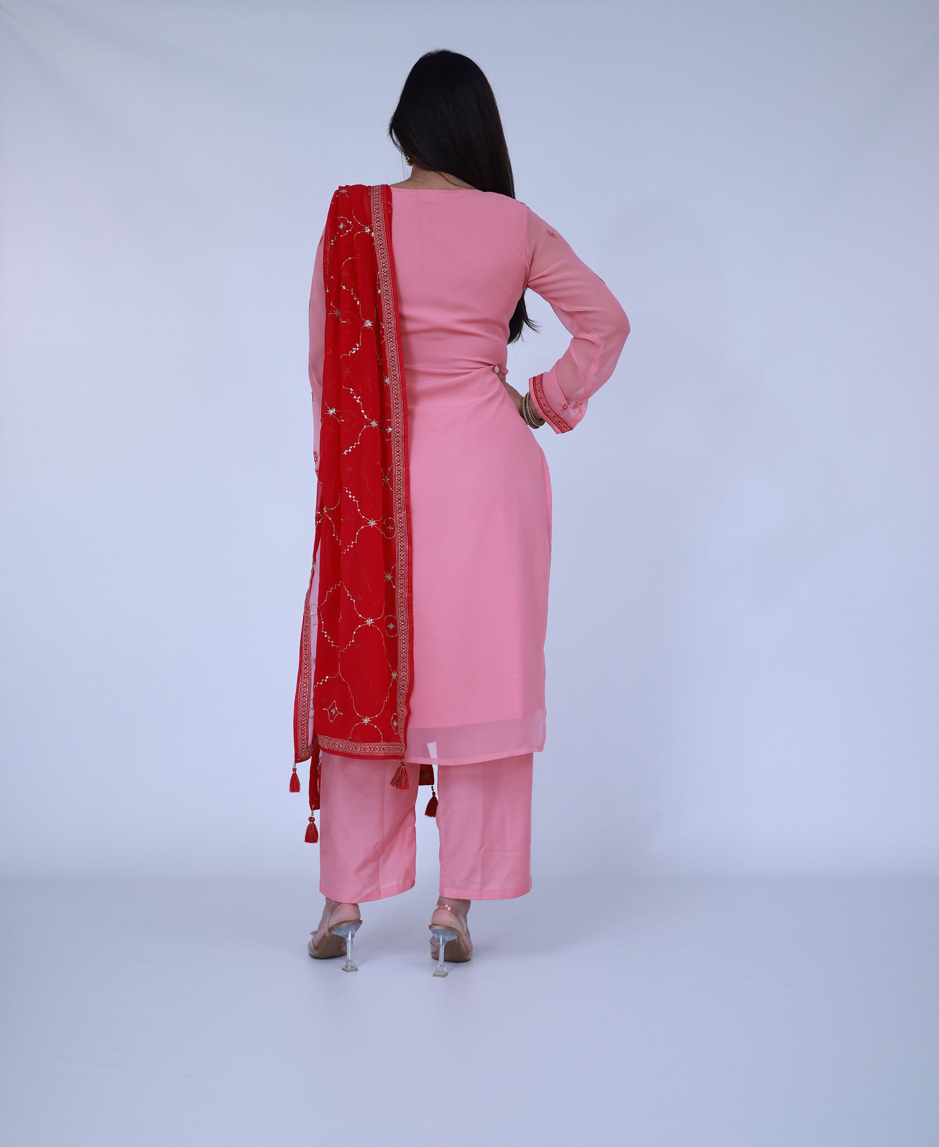 Peach Embroided georgette suit set with dupatta