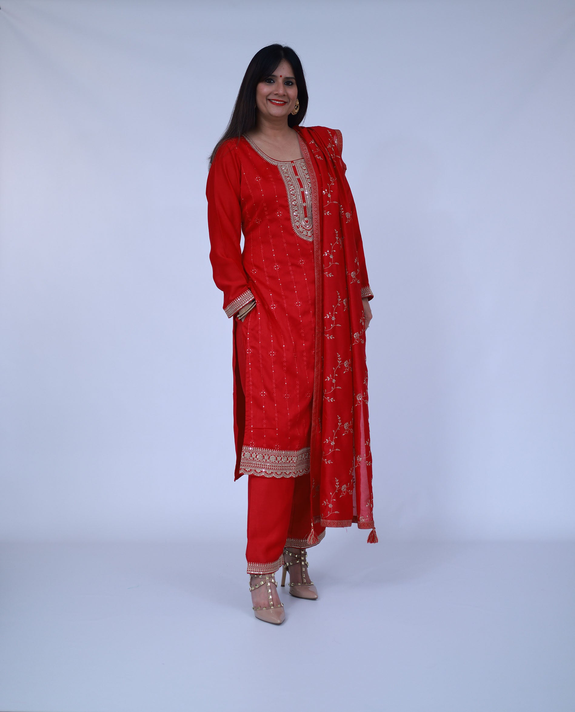 Red Embroidered Silk Blend Suit Set With Trousers and dupatta