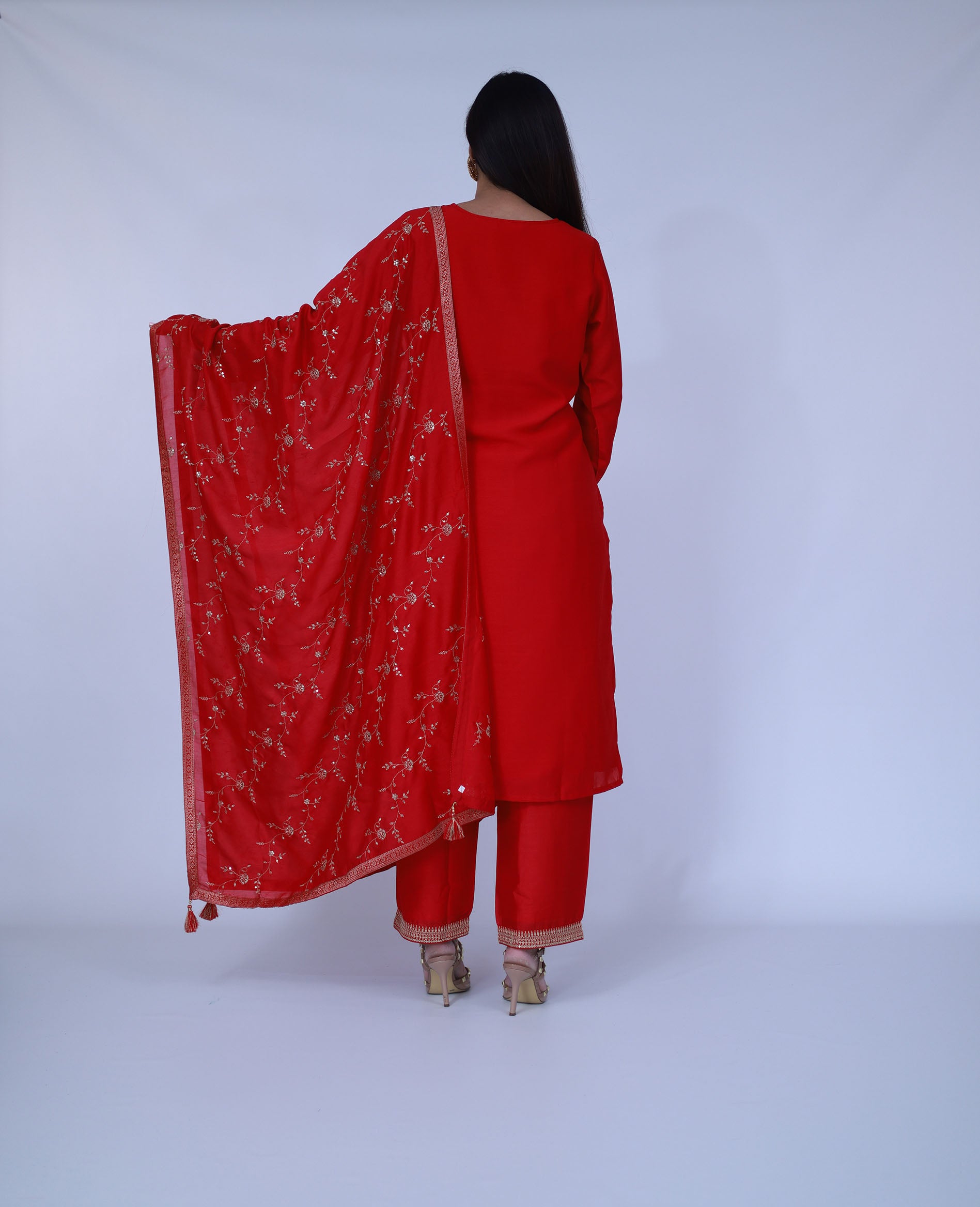 Red Embroidered Silk Blend Suit Set With Trousers and dupatta