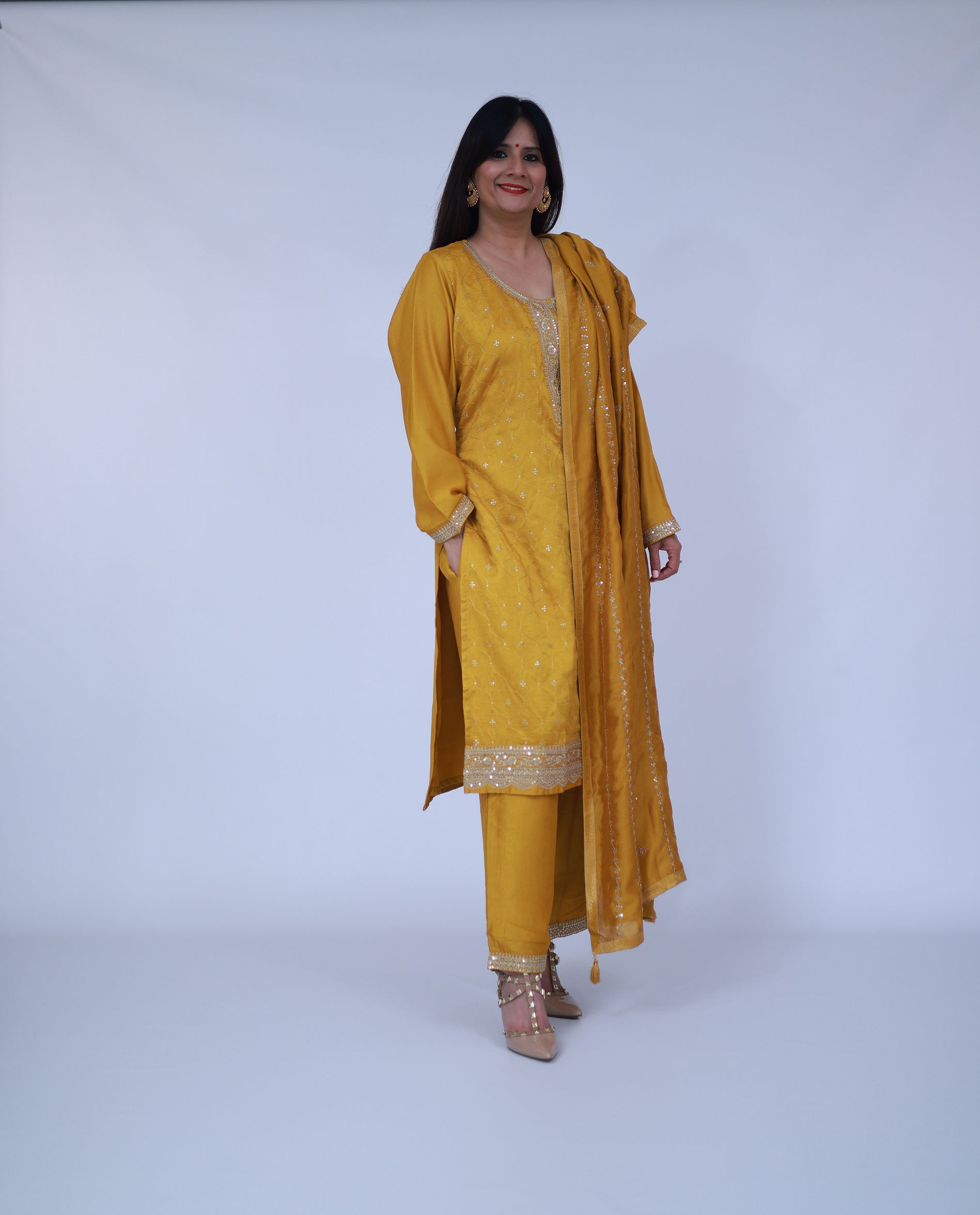Yellow Embroided Silk Suit with pants and dupatta
