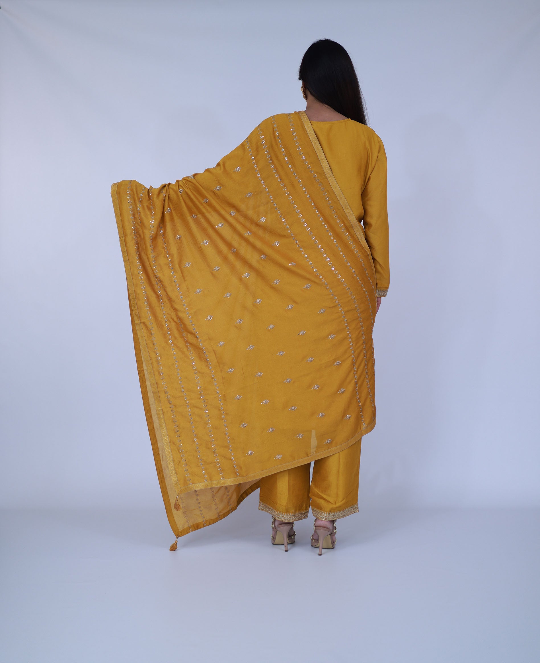 Yellow Embroided Silk Suit with pants and dupatta