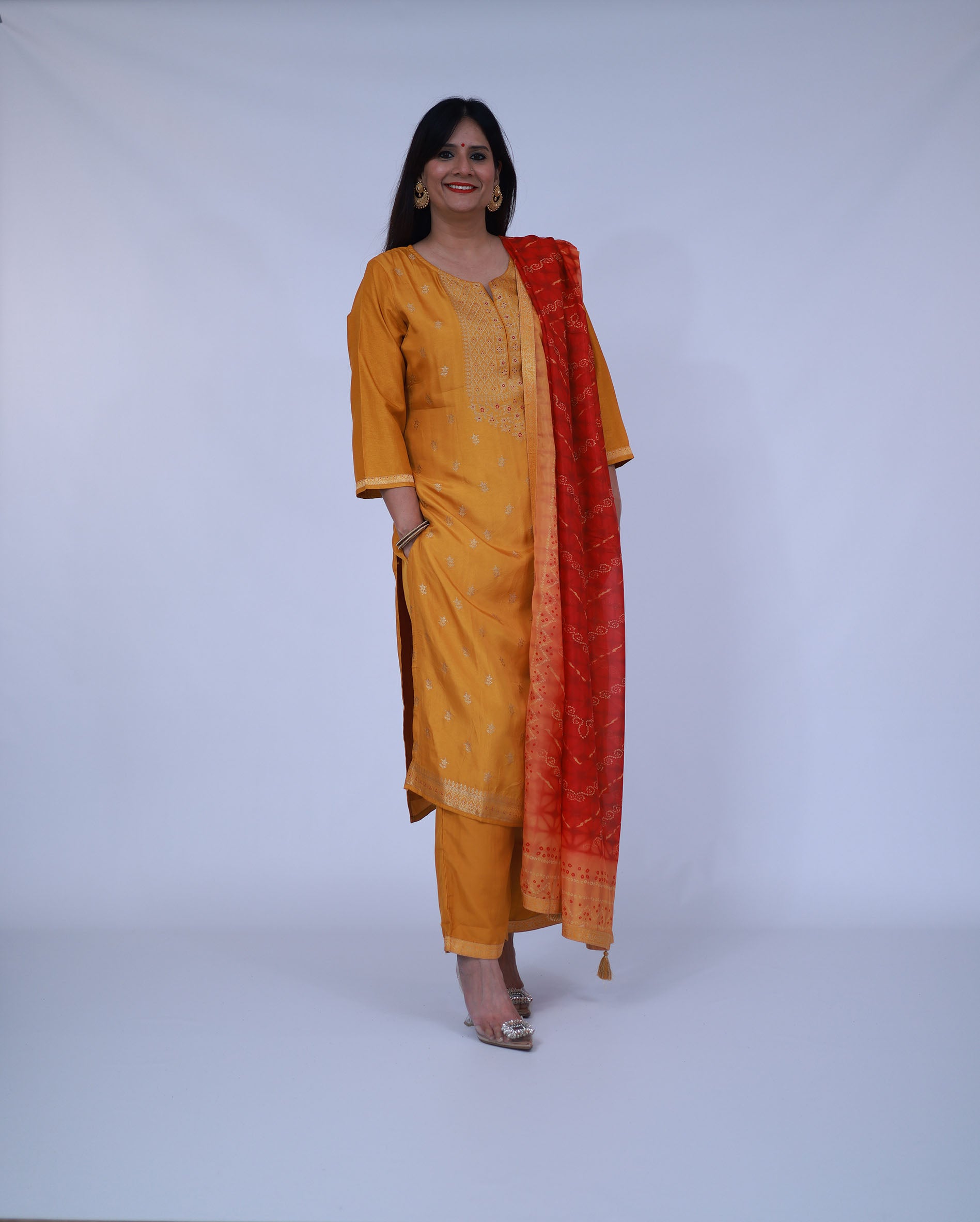 Yellow Silk blend Suit with orange bandhani dupatta