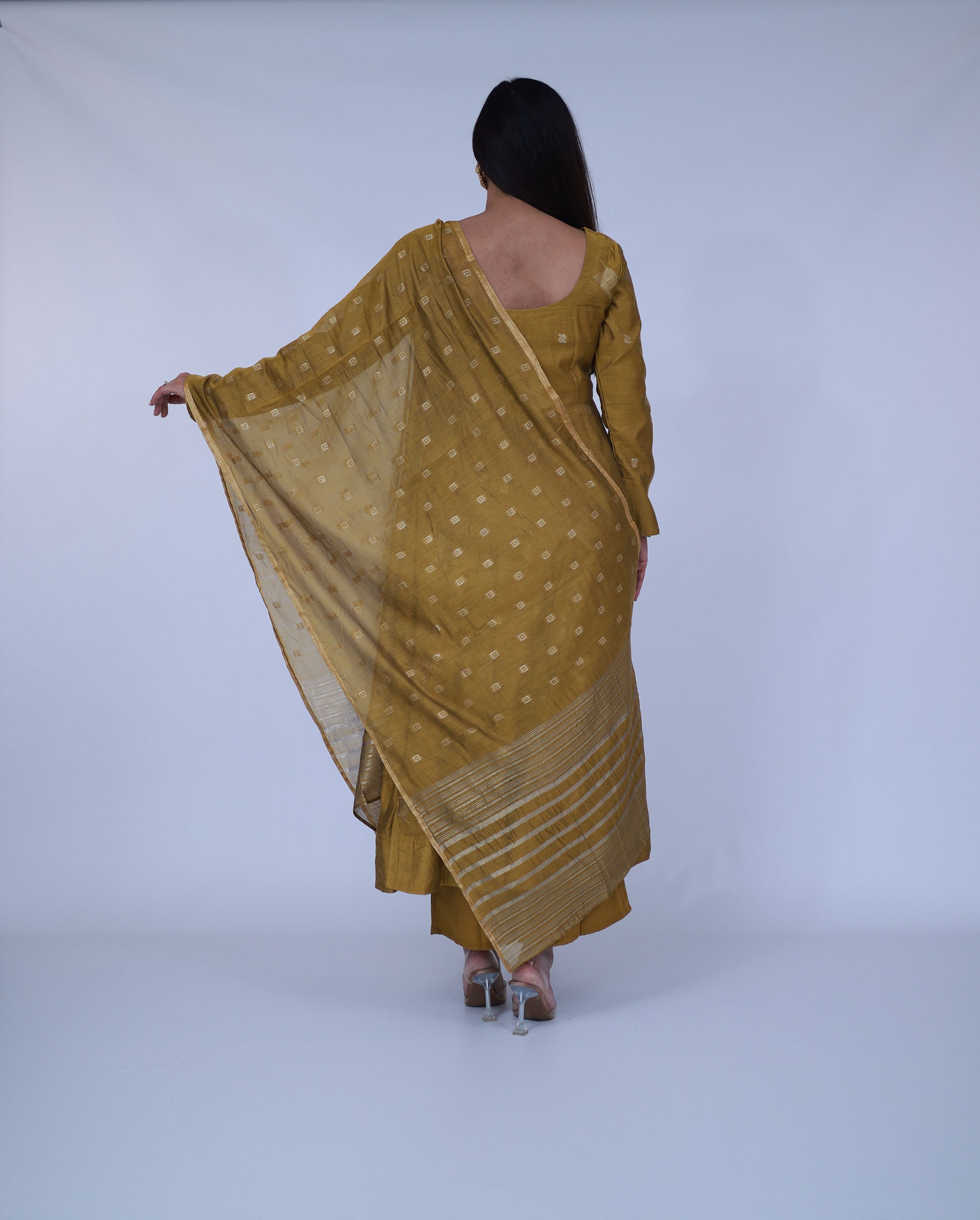 Mustard Woven Chanderi Silk Anarkali Suit With Dupatta