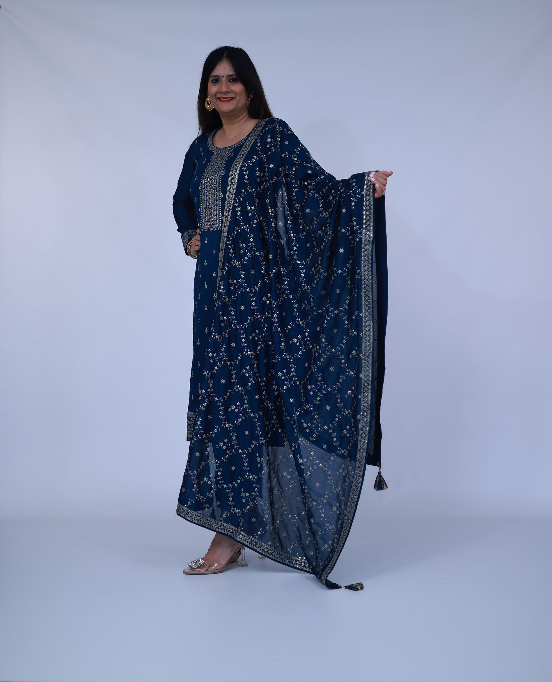 Navy Blue Embroidered Silk Blend Suit With Dupatta