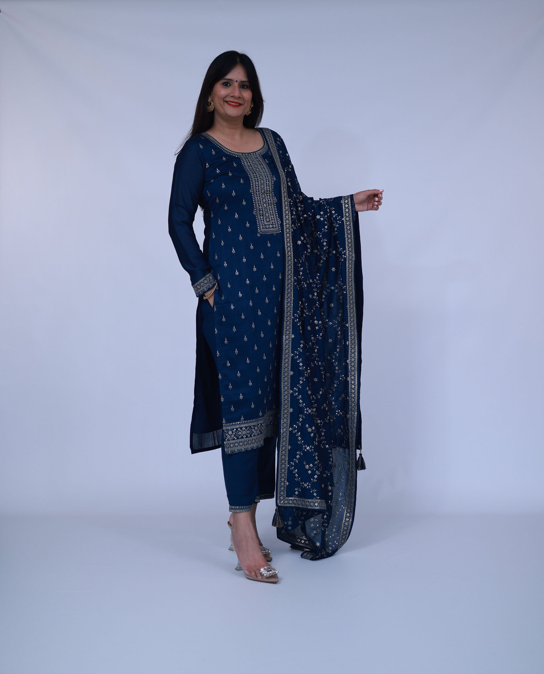 Navy Blue Embroidered Silk Blend Suit With Dupatta