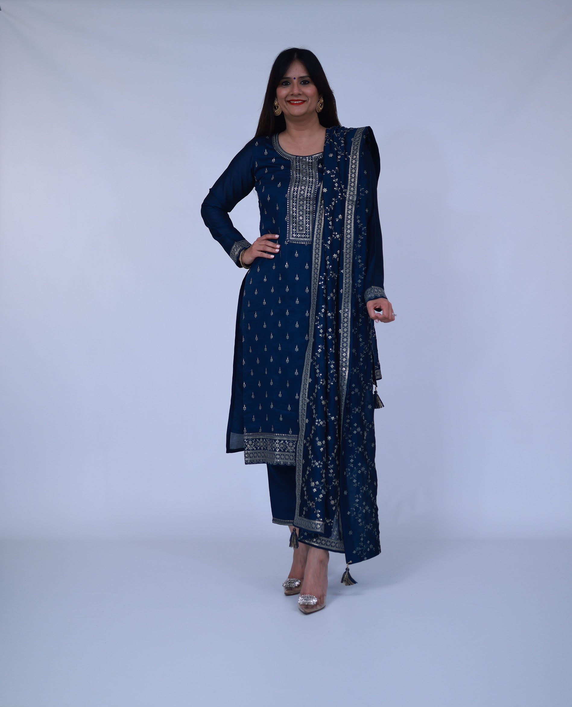 Navy Blue Embroidered Silk Blend Suit With Dupatta