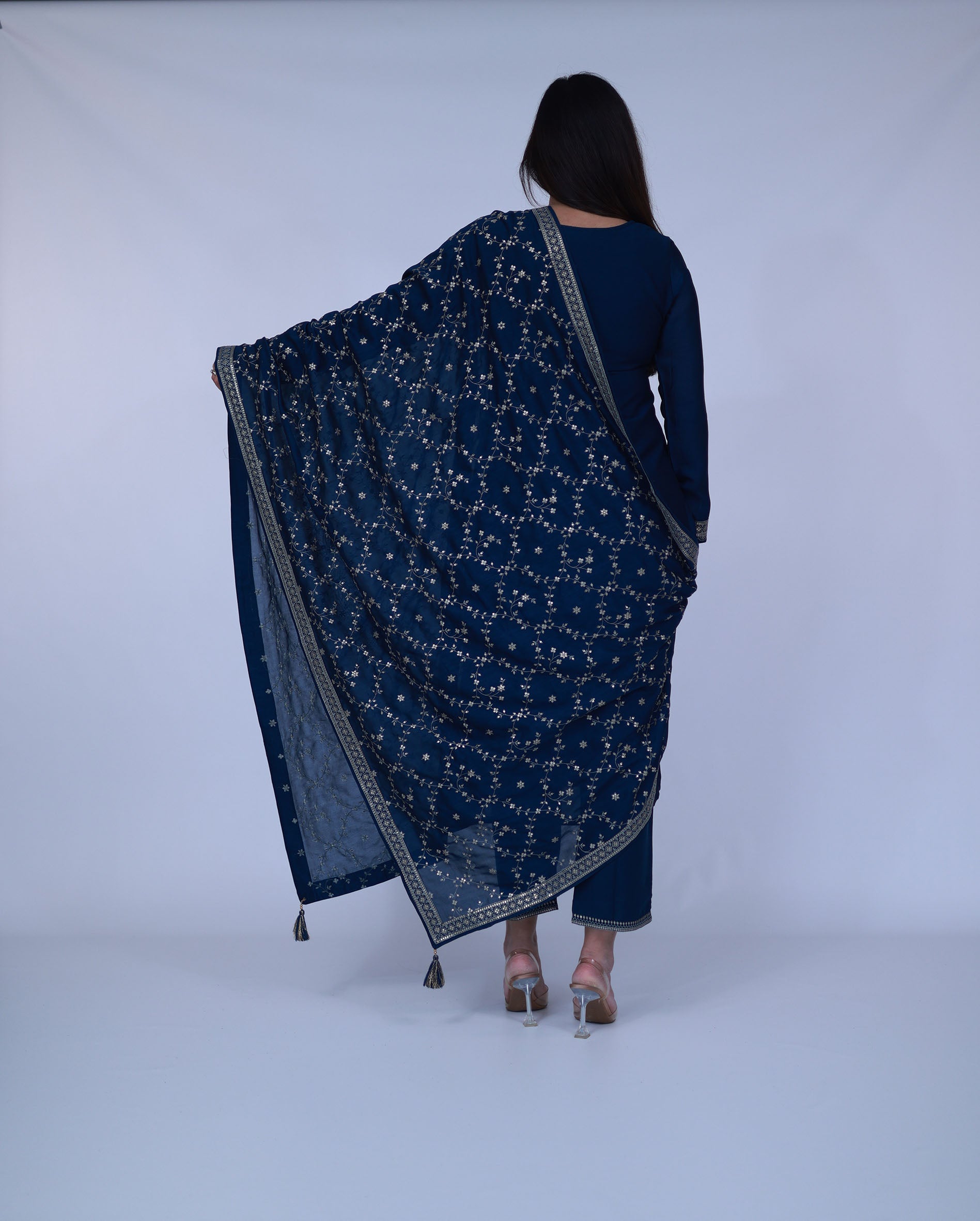 Navy Blue Embroidered Silk Blend Suit With Dupatta