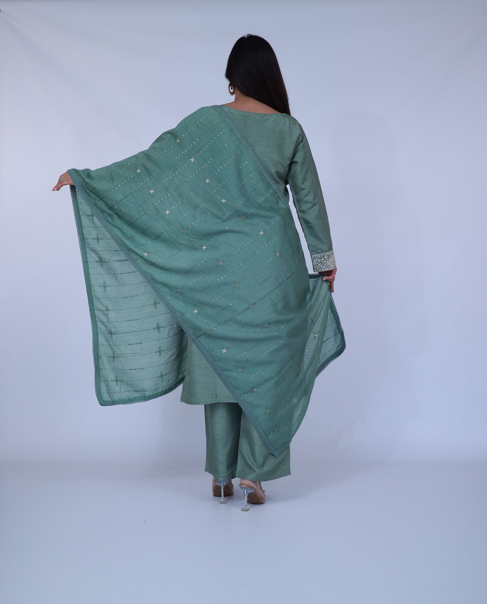 Sage Green Embroidered Silk Straight Suit With Dupatta