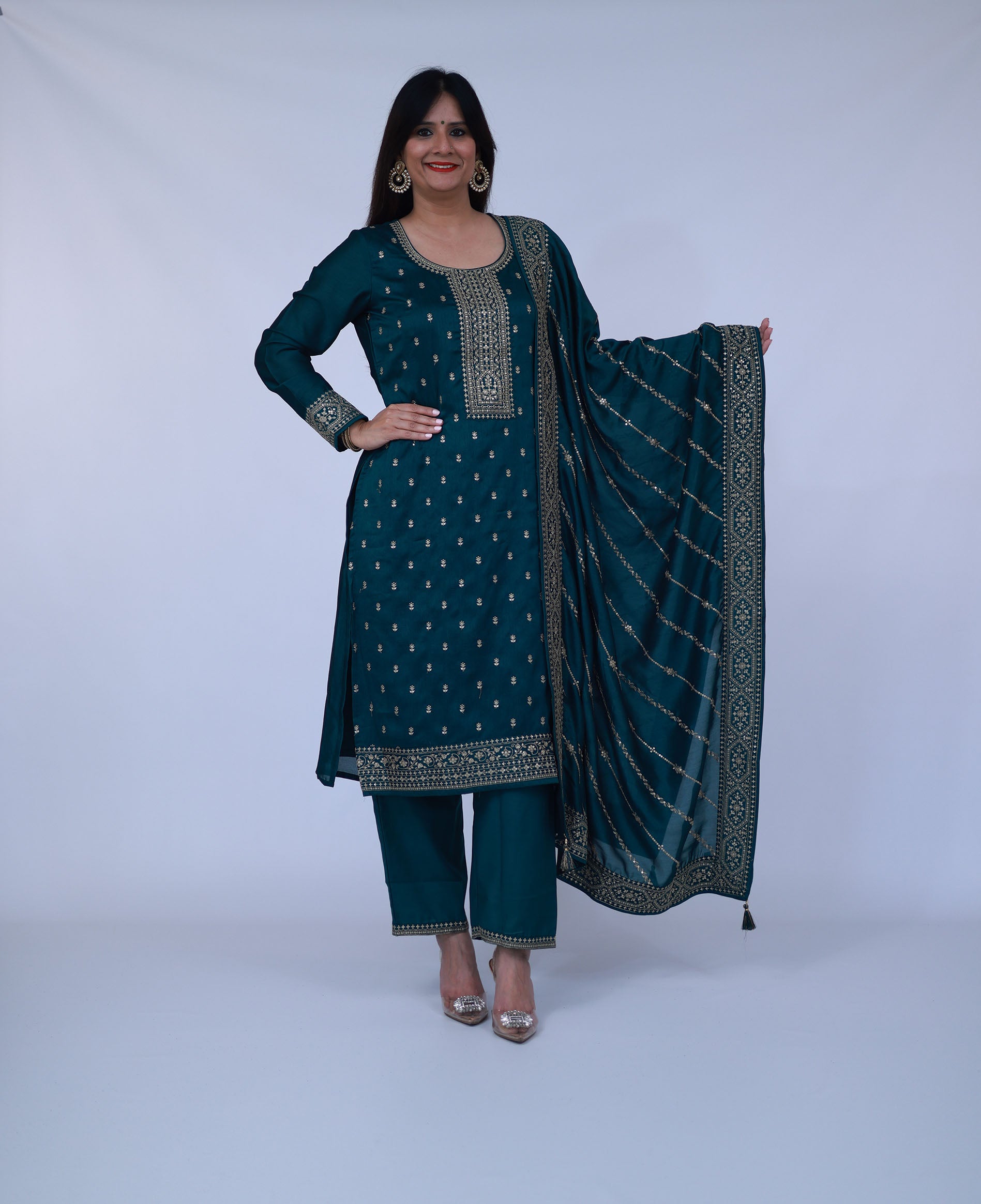 Silk Blend Straight Suit With Dupatta in Bottle Green