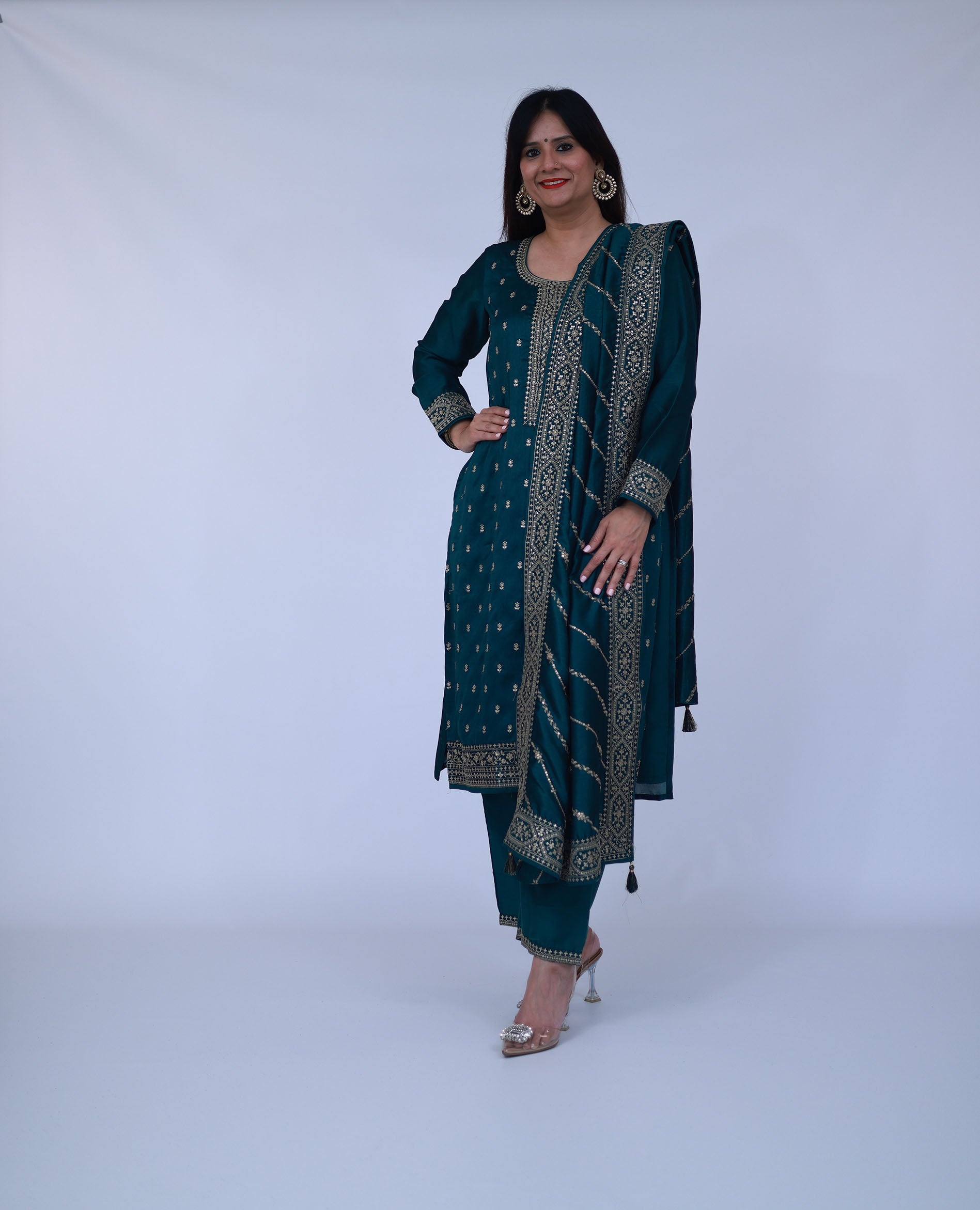 Silk Blend Straight Suit With Dupatta in Bottle Green