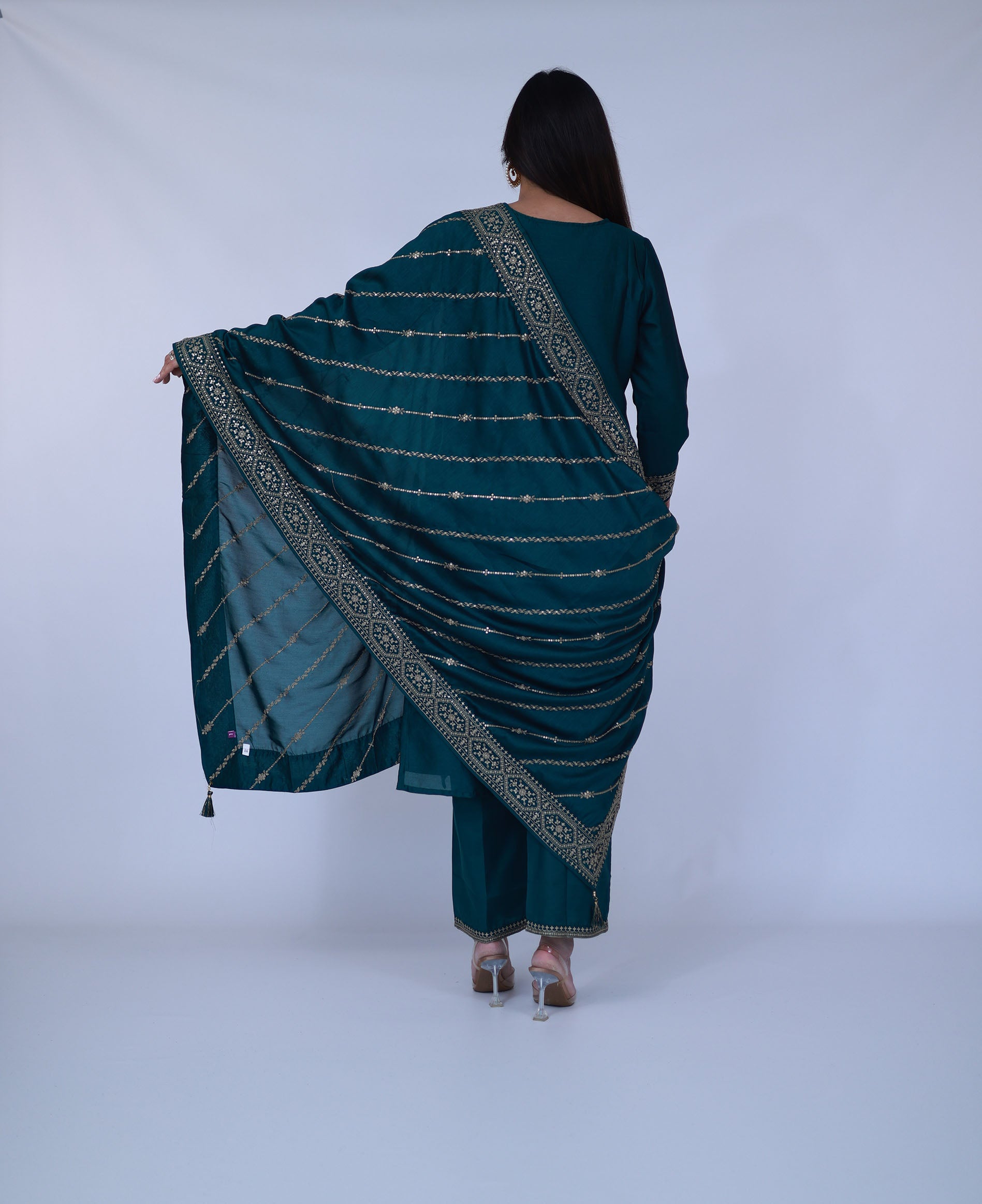 Silk Blend Straight Suit With Dupatta in Bottle Green