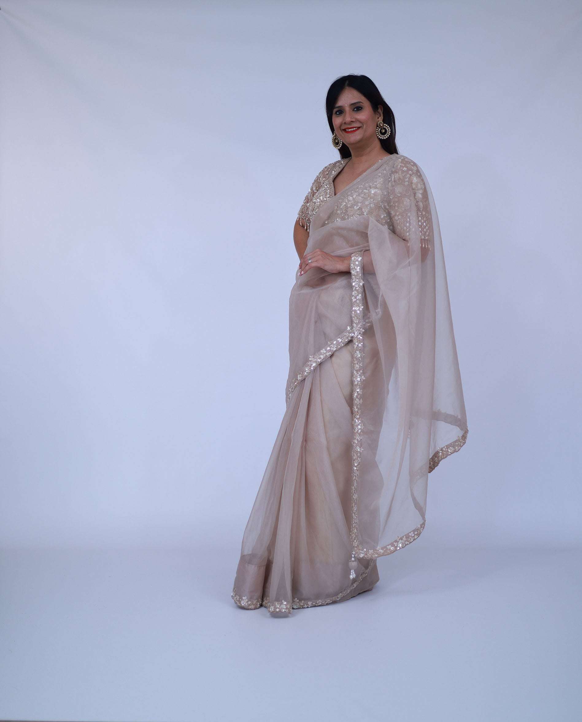 Beige Organza Saree with designer blouse