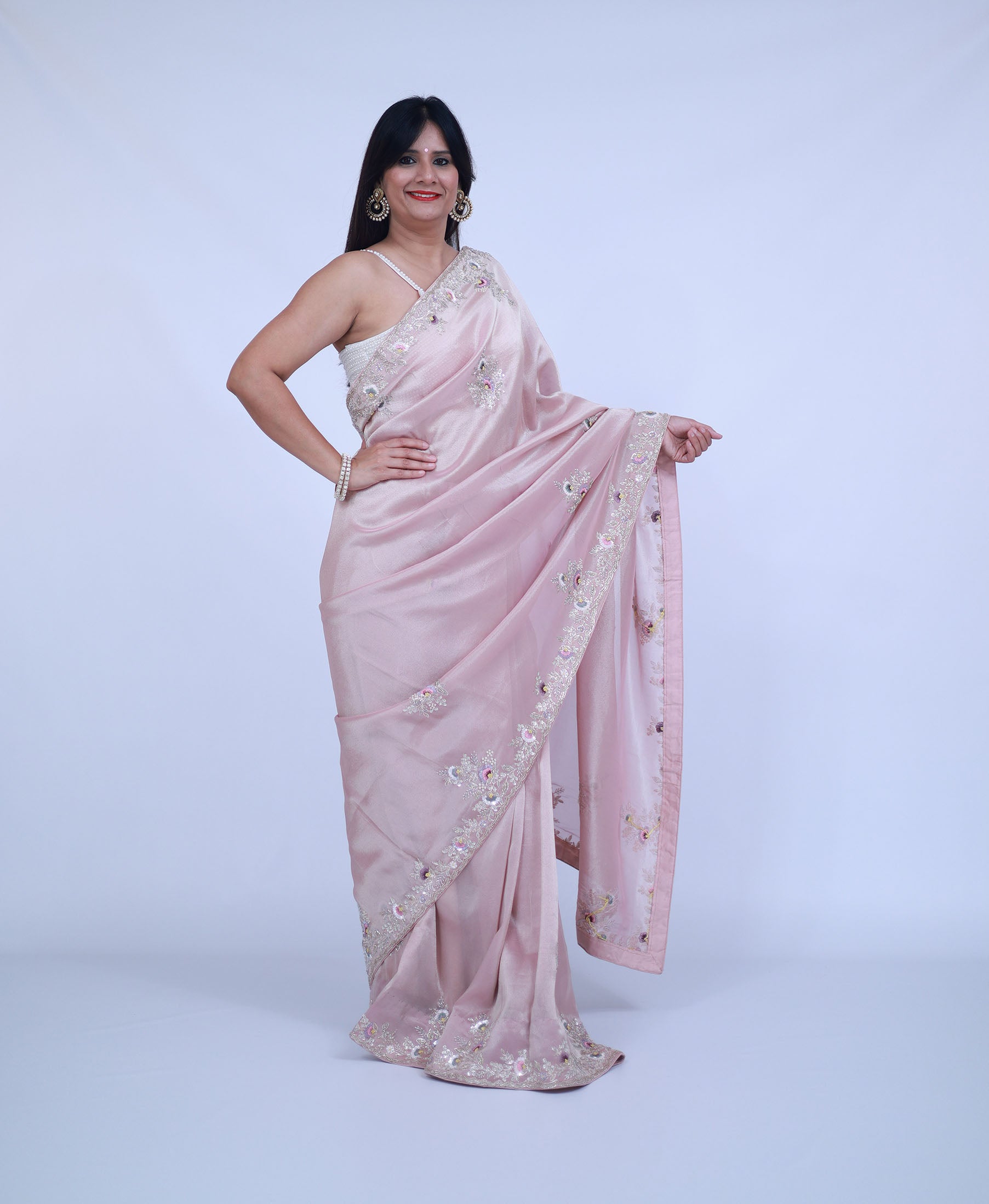 Pastel Pink Tissue Silk Saree with unstitched blouse