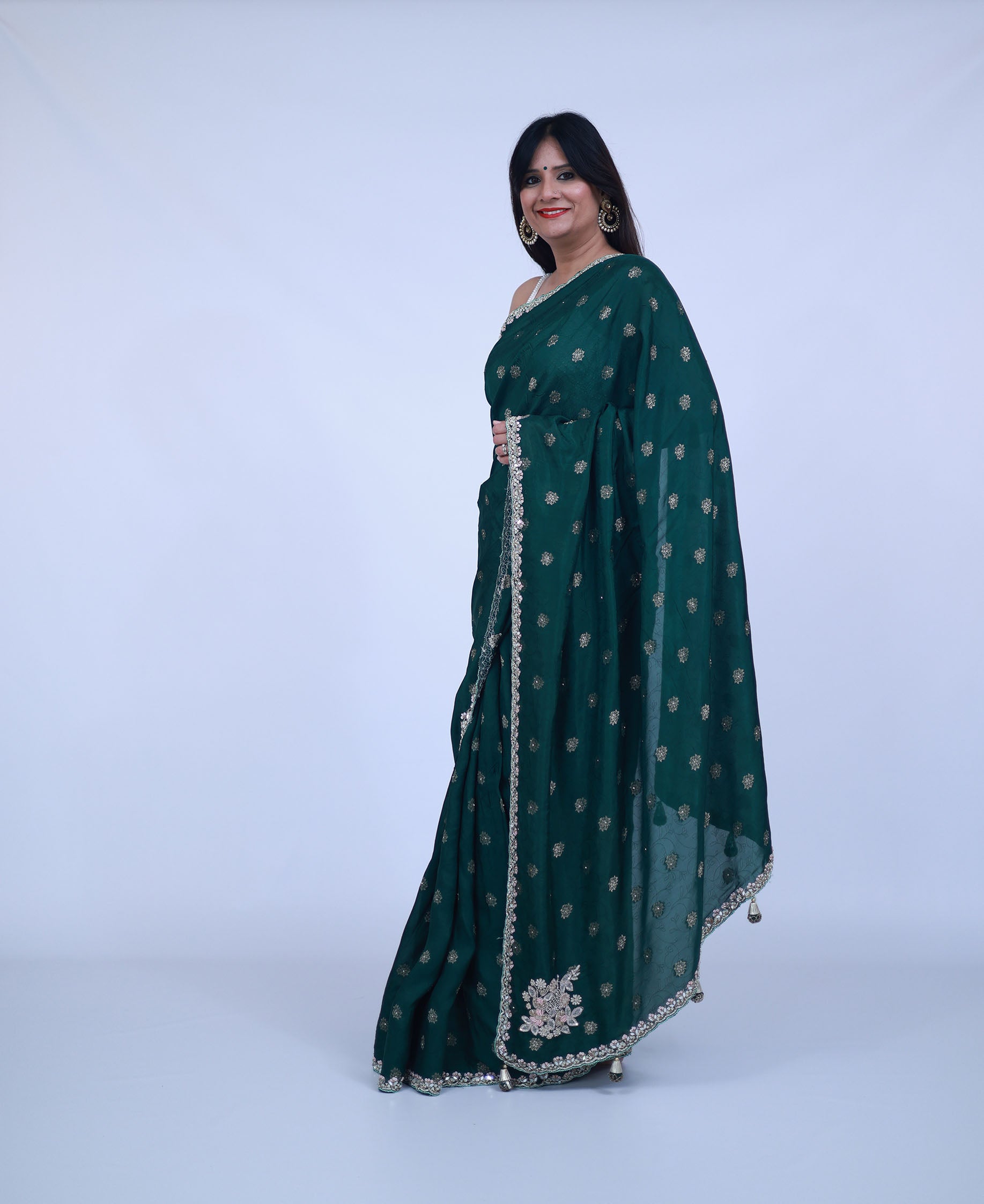Silk Saree in Bottle Green color with unstitched blouse