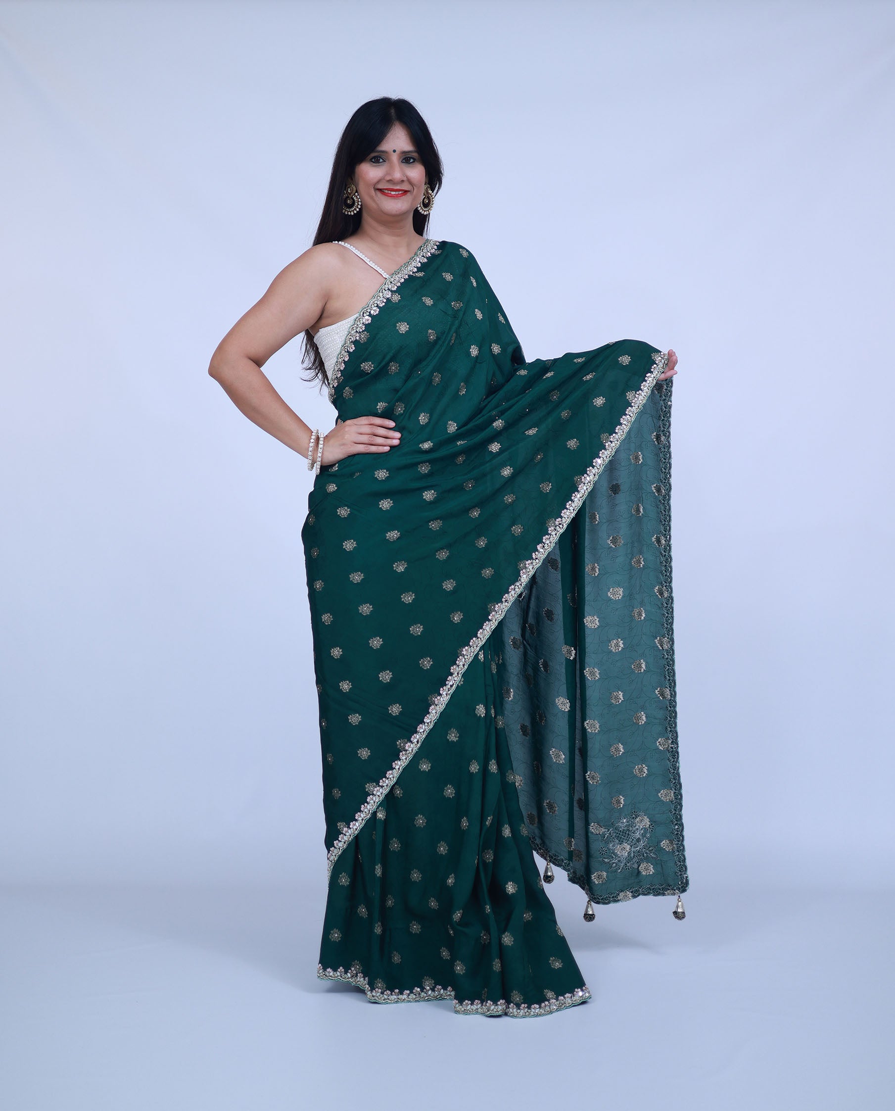 Silk Saree in Bottle Green color with unstitched blouse