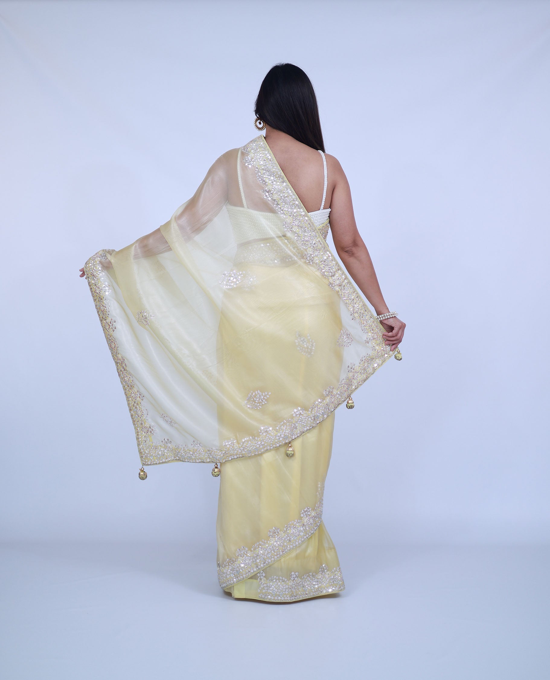 Pastel Lemon Yellow Organza Saree with unstitched blouse