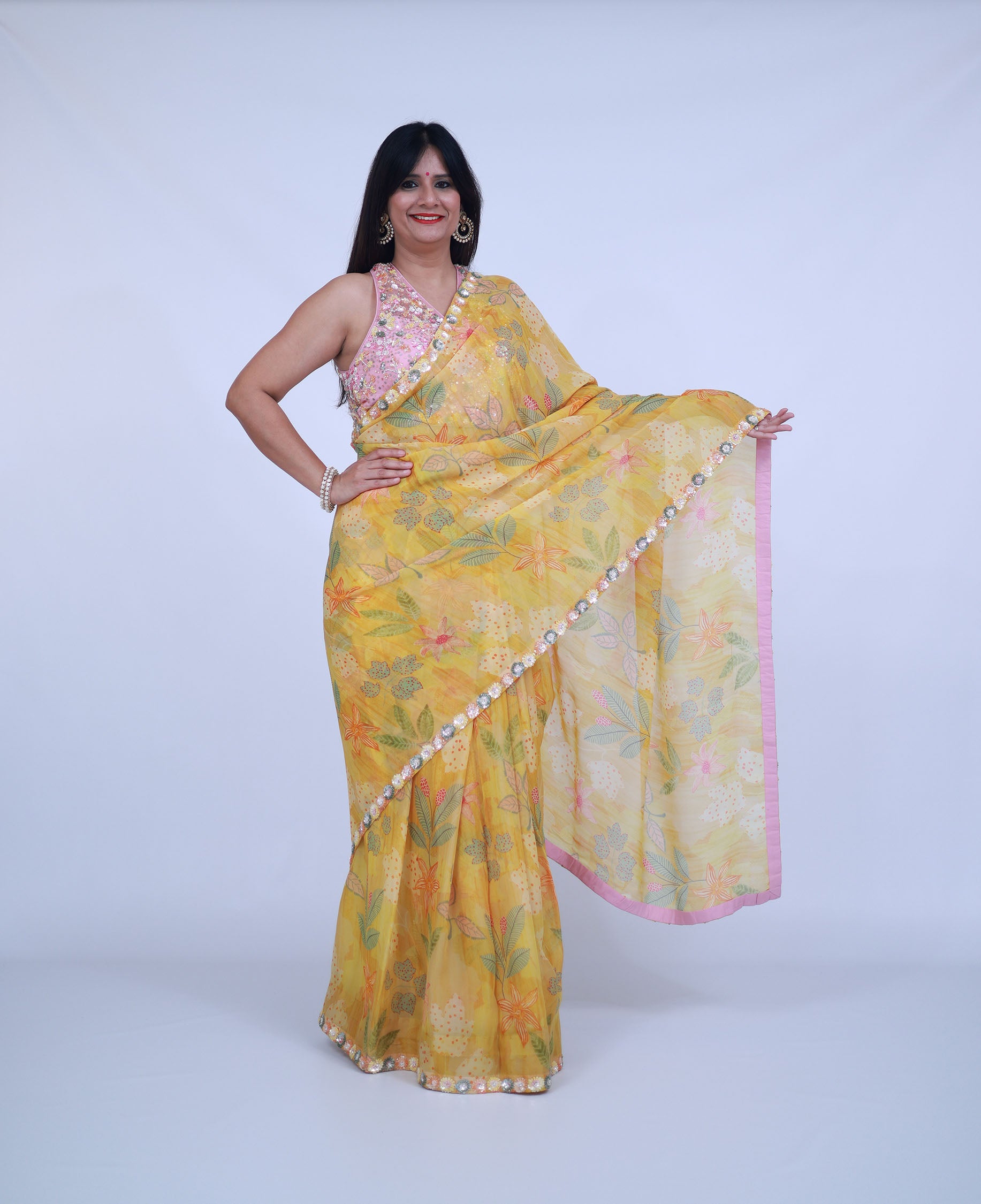 Yellow Floral Saree with designer blouse