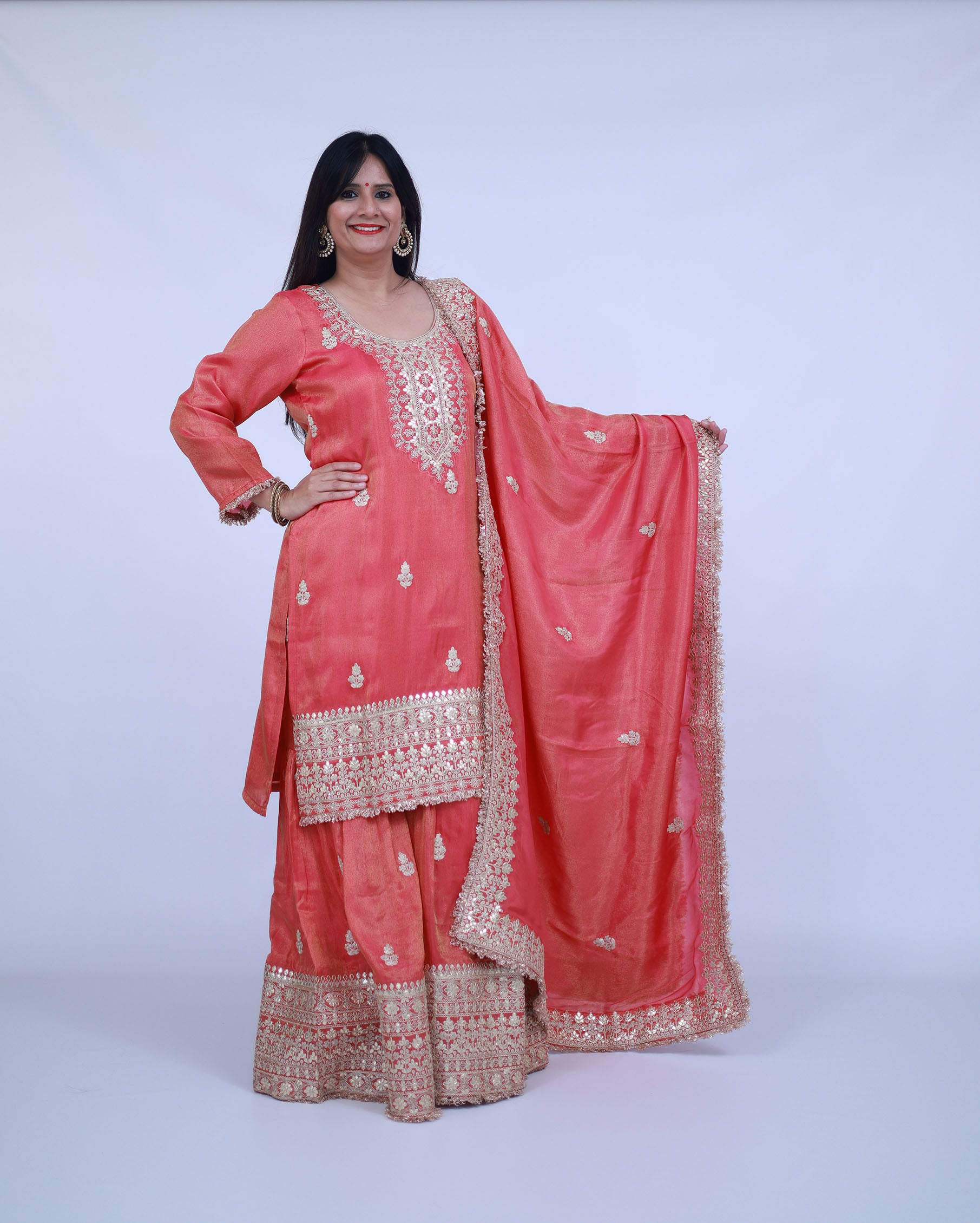 Peach Tissue Silk Sharara with gota work