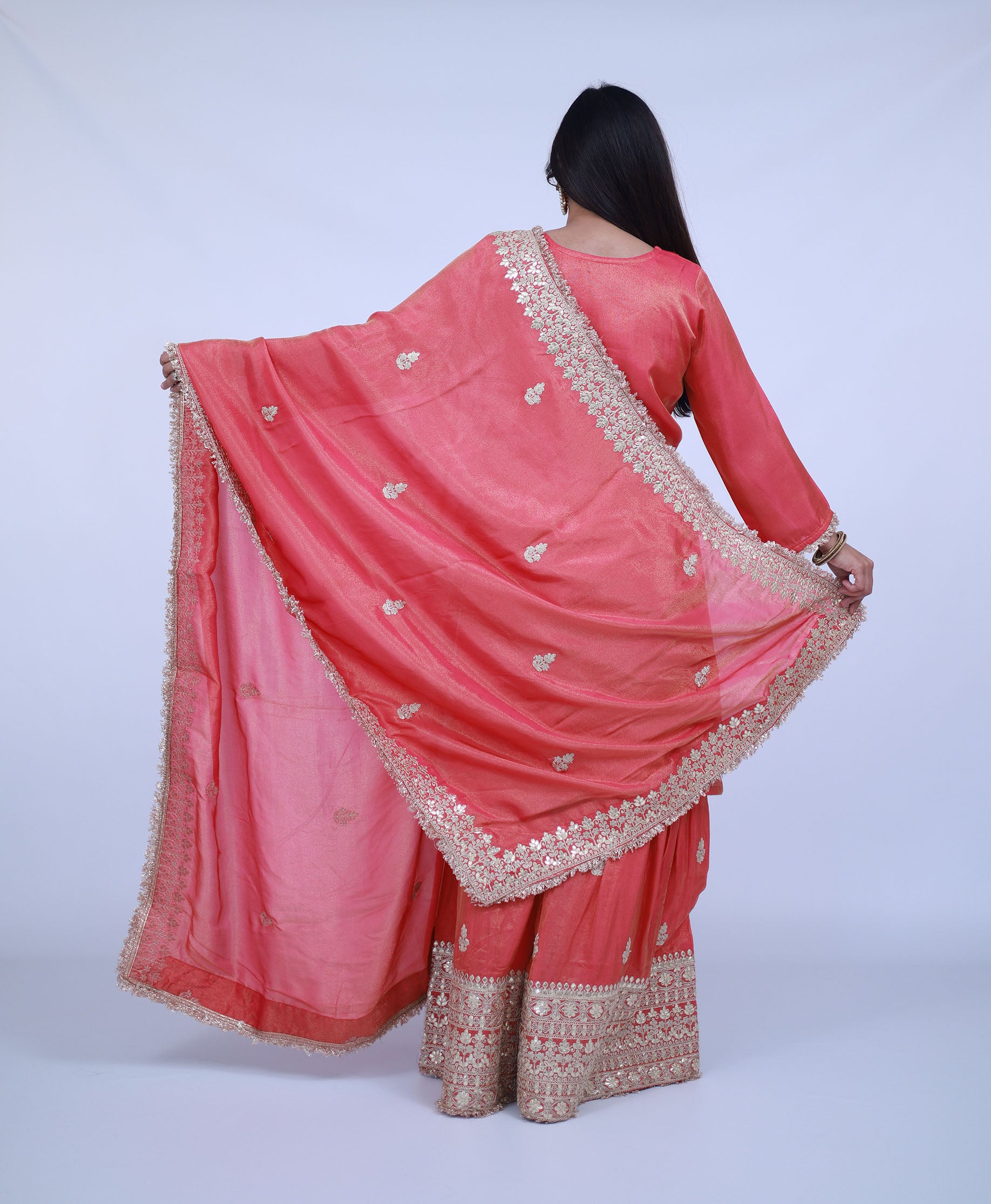Peach Tissue Silk Sharara with gota work